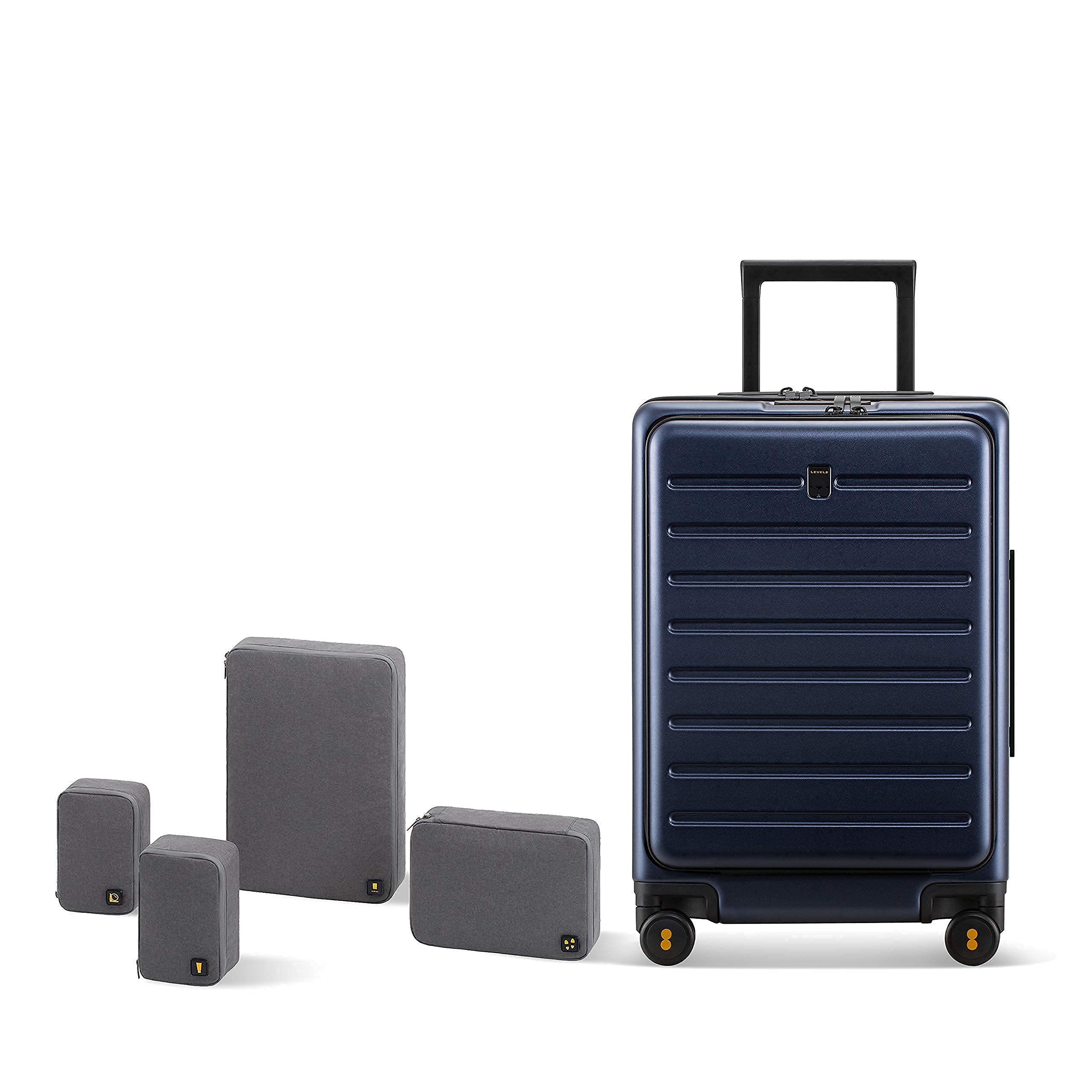 LEVEL8 Road Runner 20-Inch Carry-On Luggage with Front Pocket & 4-Piece Packing Cubes Set - Navy Blue Spinner Suitcase for Business Travel & Weekend Getaways