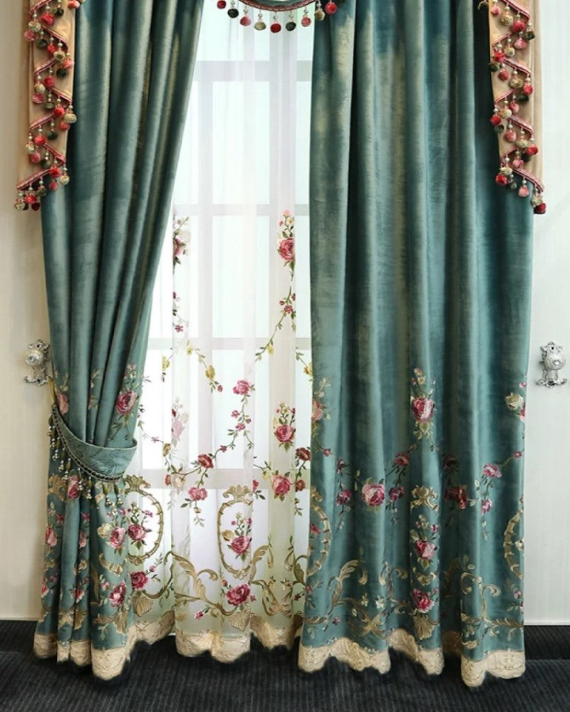 Luxury Green Velvet Embroidered Curtains - Premium Home Décor for Living Room & Bedroom - Elegant Window Treatments for Modern Interiors