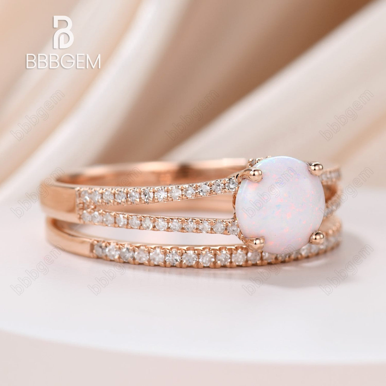 Vintage Opal Engagement Ring Split Shank Set with Pave Diamond Band - Elegant Wedding Jewelry for Brides, Anniversary Gifts & Special Occasions