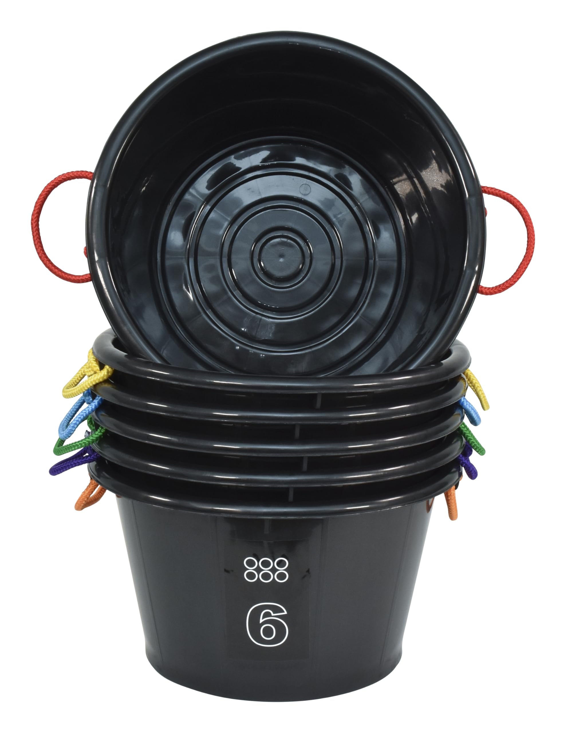 Sportime Drum-N-Store Buckets - 18 x 12 Inches Black Plastic Storage Containers (Set of 6) - Perfect for Classroom Organization, Toy Storage & Sports Equipment