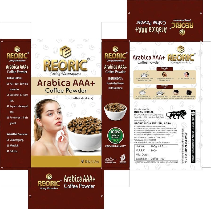 Organic Arabica A+++ Coffee Powder for Face & Body - Natural Tan Removal & Skin Brightening Treatment | 100% Pure Hair & Skin Care | 100g Pack | Perfect for DIY Spa, Facial Scrubs & Hair Masks at Home