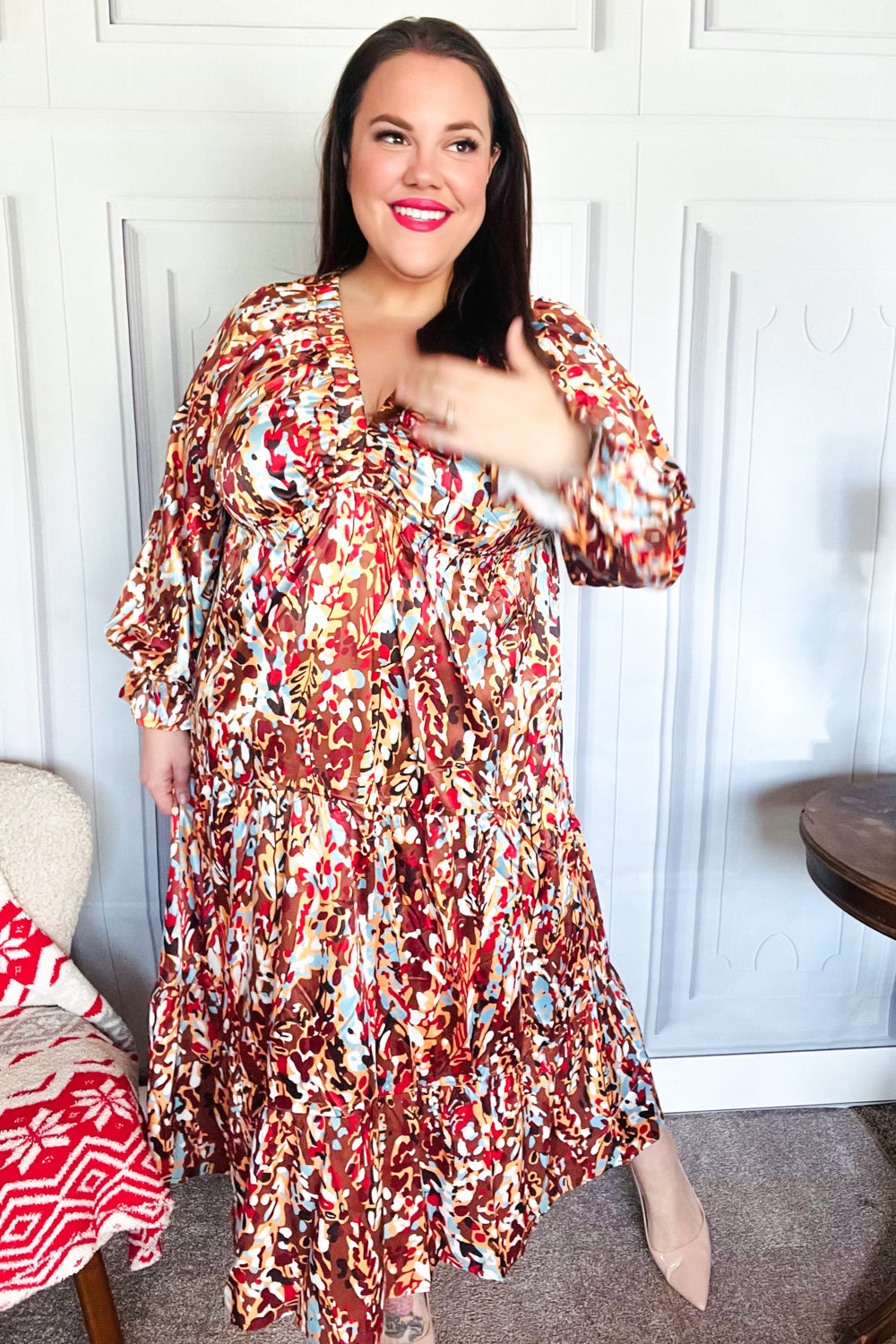 Feeling Femme Mocha Floral Print V-Neck Satin Maxi Dress for Women | Elegant Evening Gown for Weddings, Parties & Special Occasions