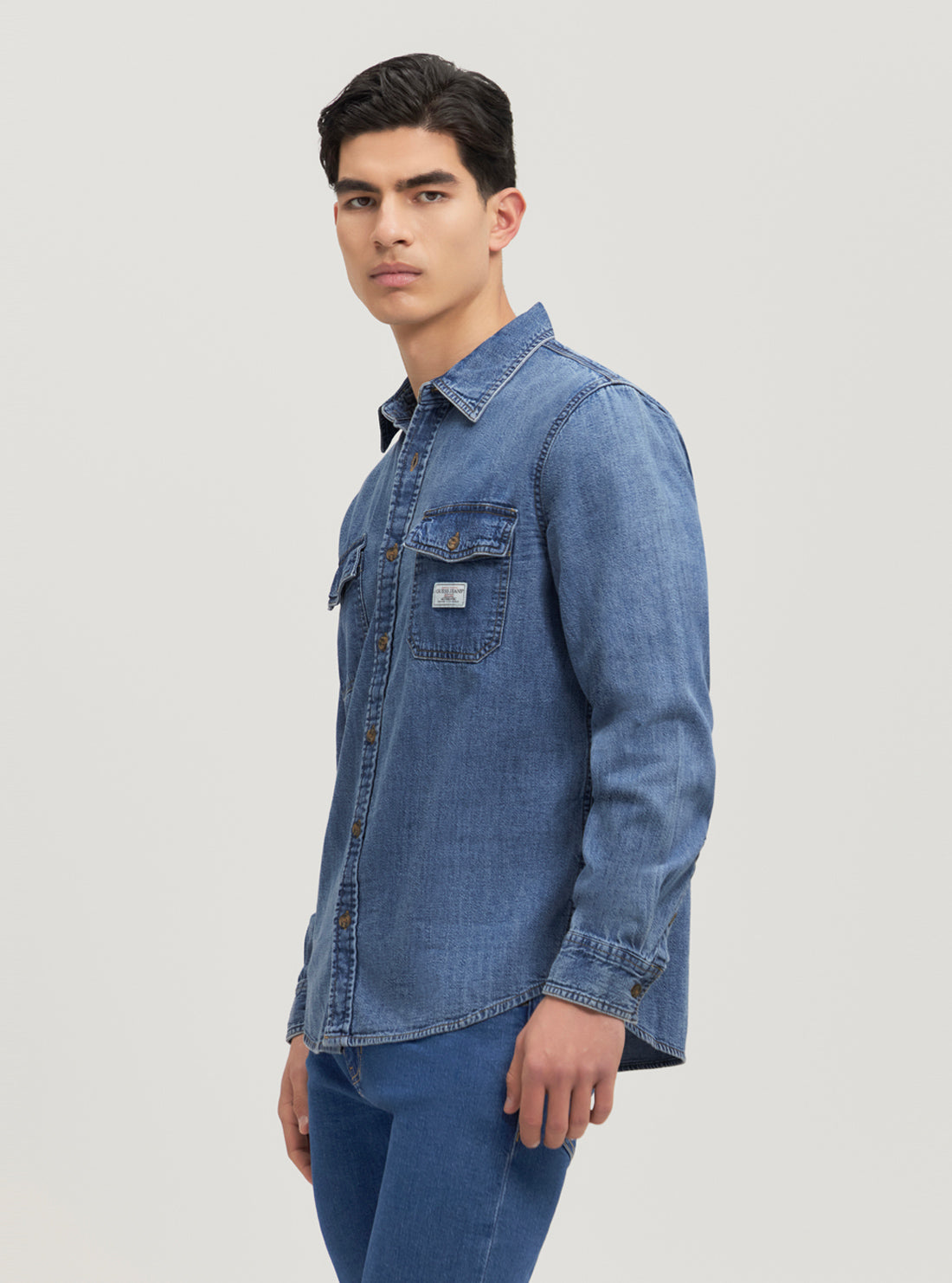 Guess Women's Regular Fit Denim Shirt - Classic Blue Washed Cotton Button-Up Top for Casual Wear & Layering