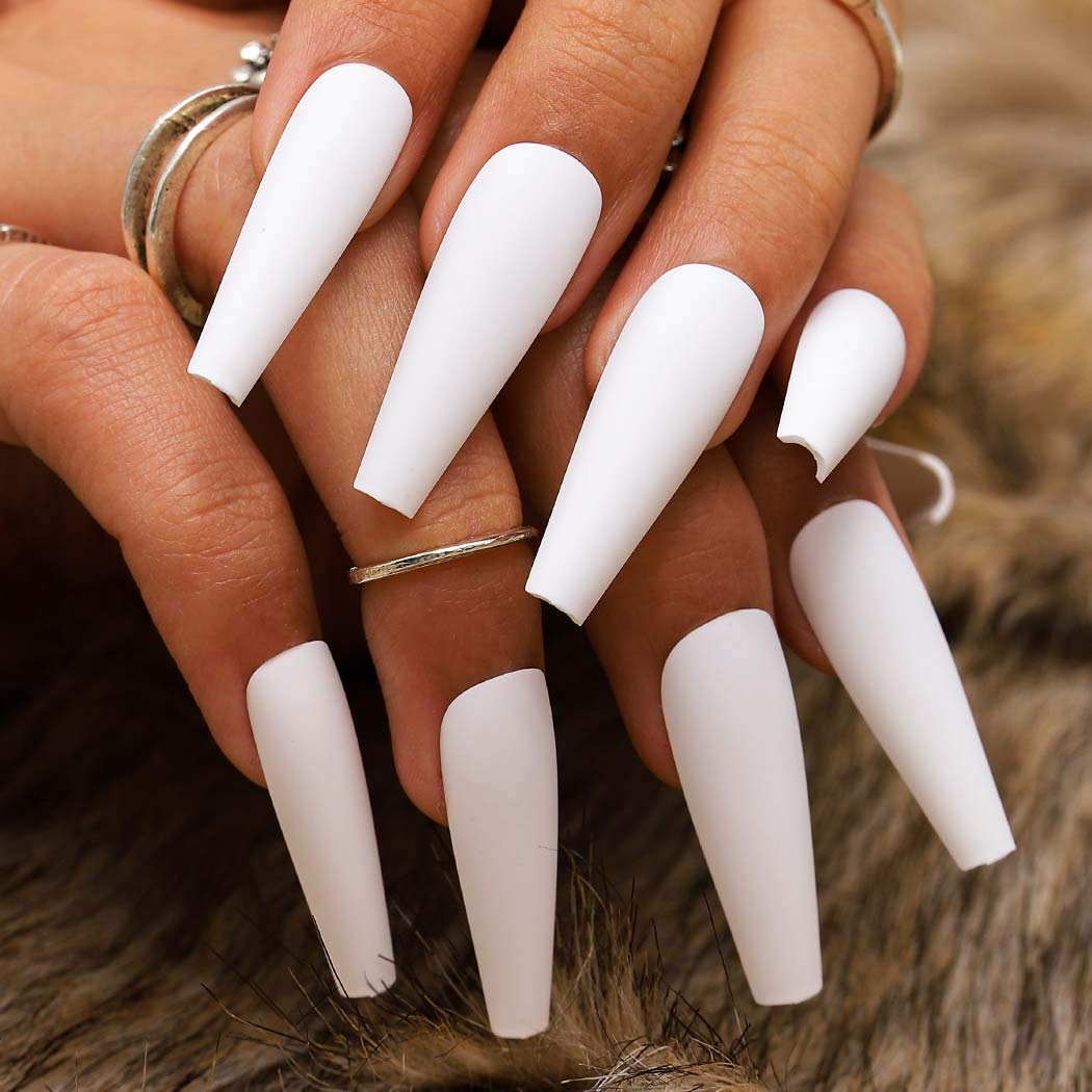 96Pcs Matte Extra Long Press-On Nails - Ballerina Coffin Fake Nails Set, Full Cover Acrylic False Nails for Women & Girls (Pink, Nude, White, Orange) - Perfect for Parties, Weddings, and Daily Wear