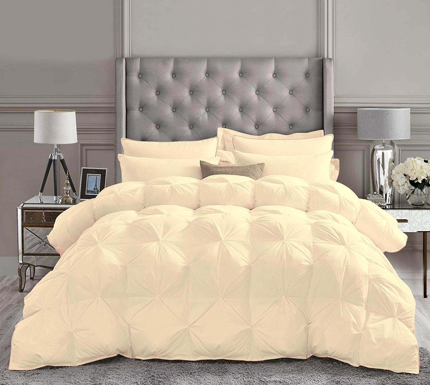500 GSM Soft Pinch Quilt Oversized Queen Comforter Set - Cream Down Alternative 5 Piece (Comforter + 4 Pillow Shams) 1200 Thread Count Egyptian Cotton Bedding for Luxurious Hotel-Style Sleep