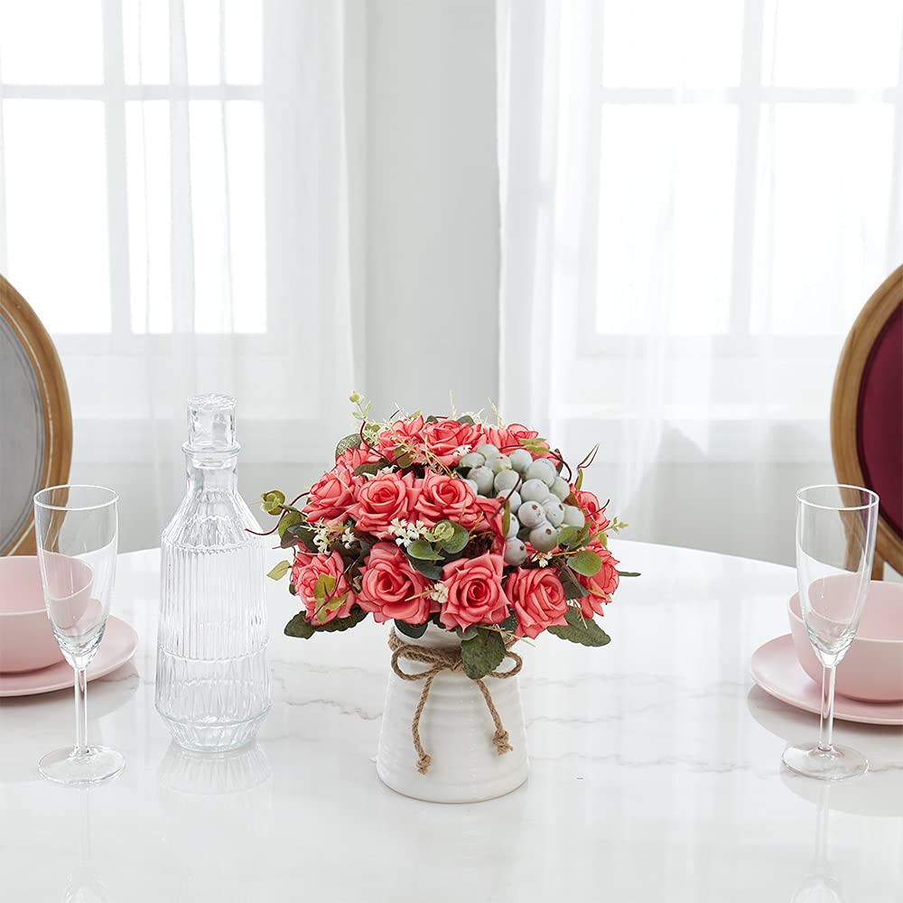 Artificial Silk Roses in Vase - Rustic Floral Table Centerpiece for Home, Kitchen & Room Decor | Perfect for Weddings, Parties & Farmhouse Style Decorations