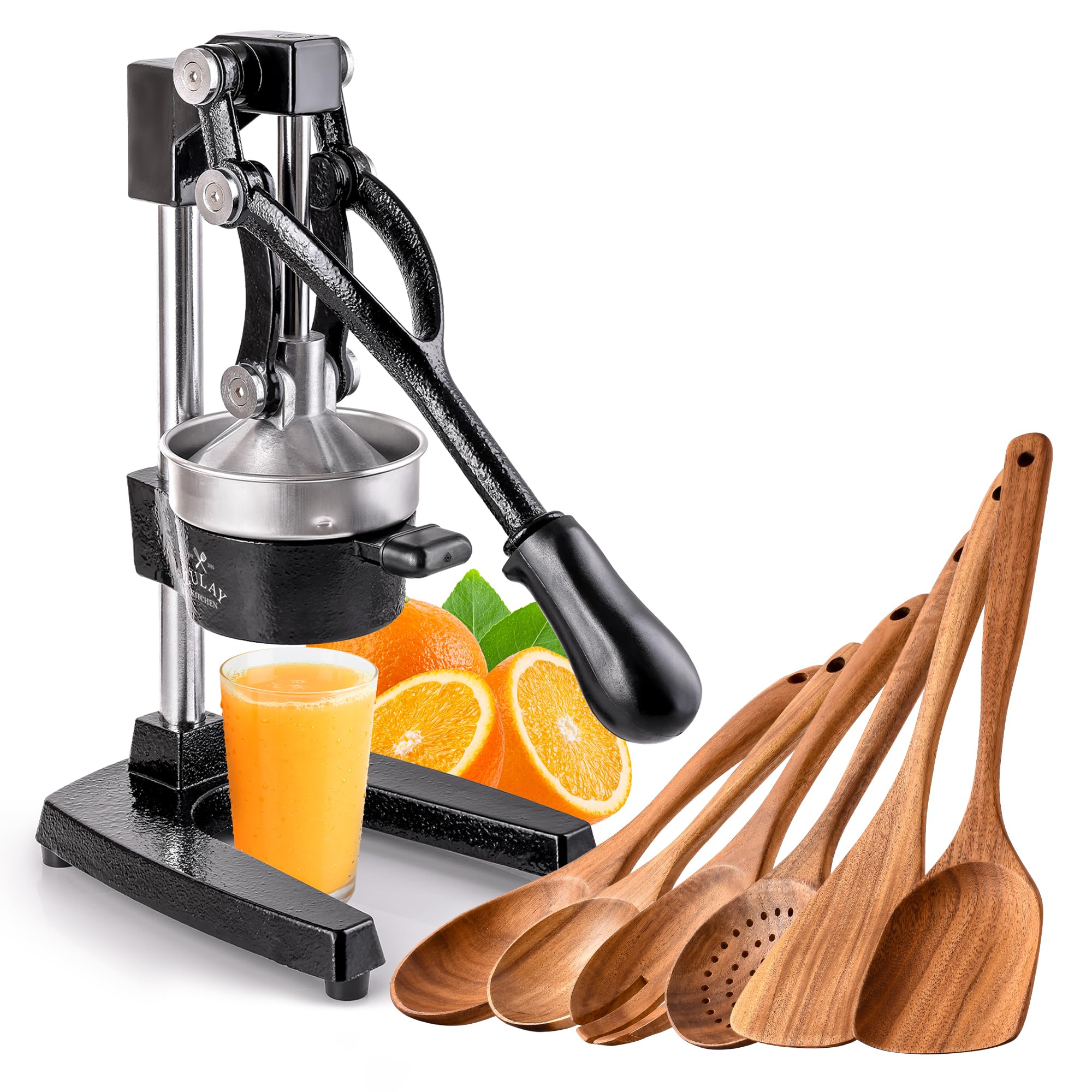 Premium Cast Iron Orange Juice Squeezer - Heavy Duty Citrus Juicer for Lemons, Limes & Oranges with 6-Piece Wooden Spoon Set - Perfect for Fresh Juice, Cocktails & Home Cooking