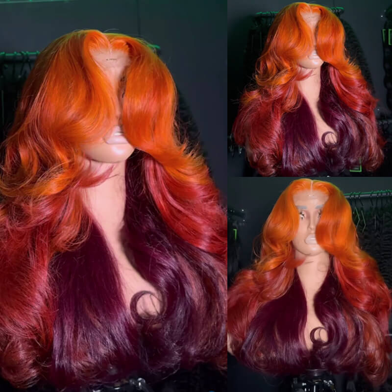 Eullair Ombre Orange Copper Brown Body Wave Human Hair Wig with Transparent Lace Frontal - Natural Looking Wigs for Women (EW007) | Perfect for Daily Wear, Cosplay, and Special Occasions