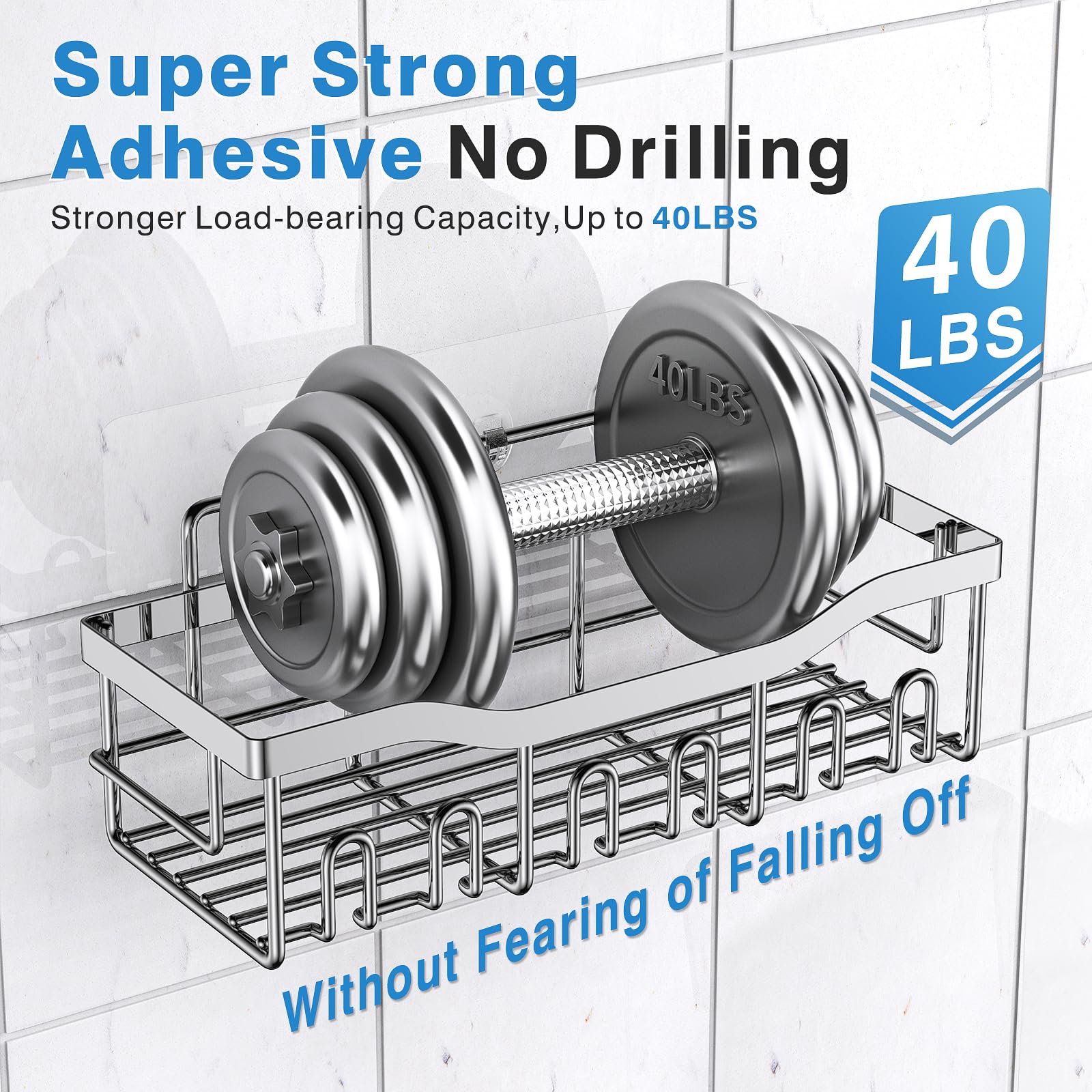 2 Pack Rustproof Stainless Steel Shower Caddy - No Drill Adhesive Bathroom Organizer for Shower Storage, Home Decor & Kitchen Organization | Perfect for Small Bathrooms, Apartments & Dorm Rooms