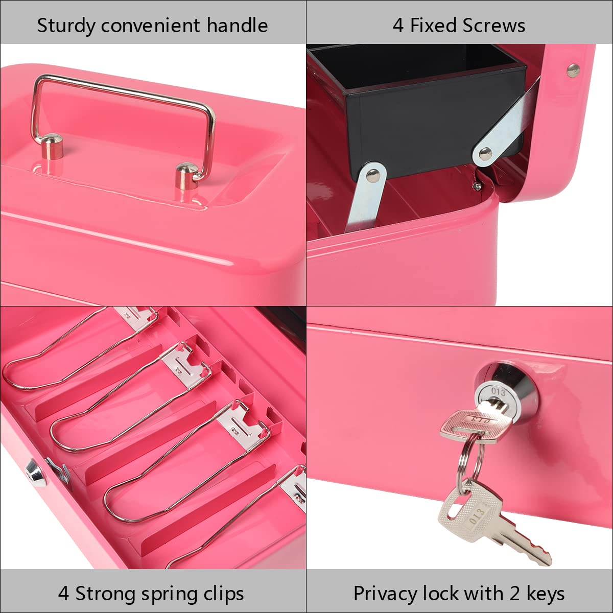 Secure Pink Cash Box with Money Tray & Key Lock - 11.8x9.5x3.5 Inch Money Organizer with Security Cable - Ideal for Retail Stores, Events, and Home Cash Management