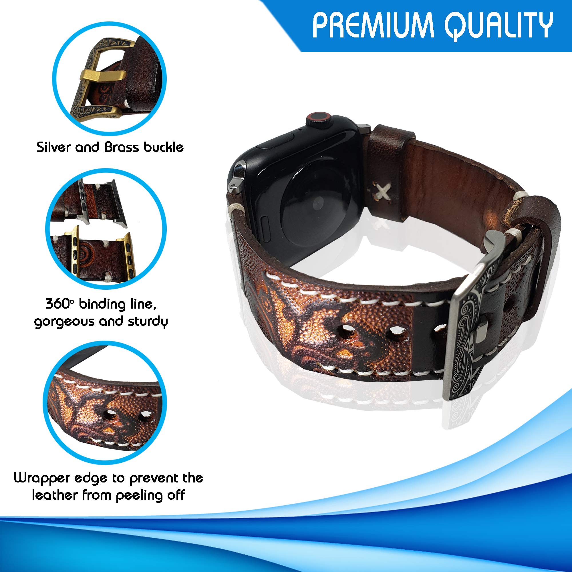 Handmade Genuine Leather Apple Watch Band - Compatible with Apple Watch Series 5/4/3/2/1 (42mm/44mm) - Premium Tooled Design for Men & Women - Perfect for Daily Wear, Workouts & Special Occasions