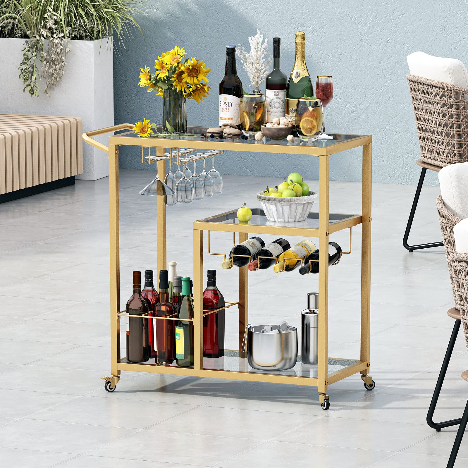 Gold Rolling Bar Cart with Wheels - 3-Tier Mobile Serving Cart with Wine Glass Holders for Kitchen, Home Bar, Party & Dining Room - Perfect for Entertaining, Cocktail Serving & Wine Storage