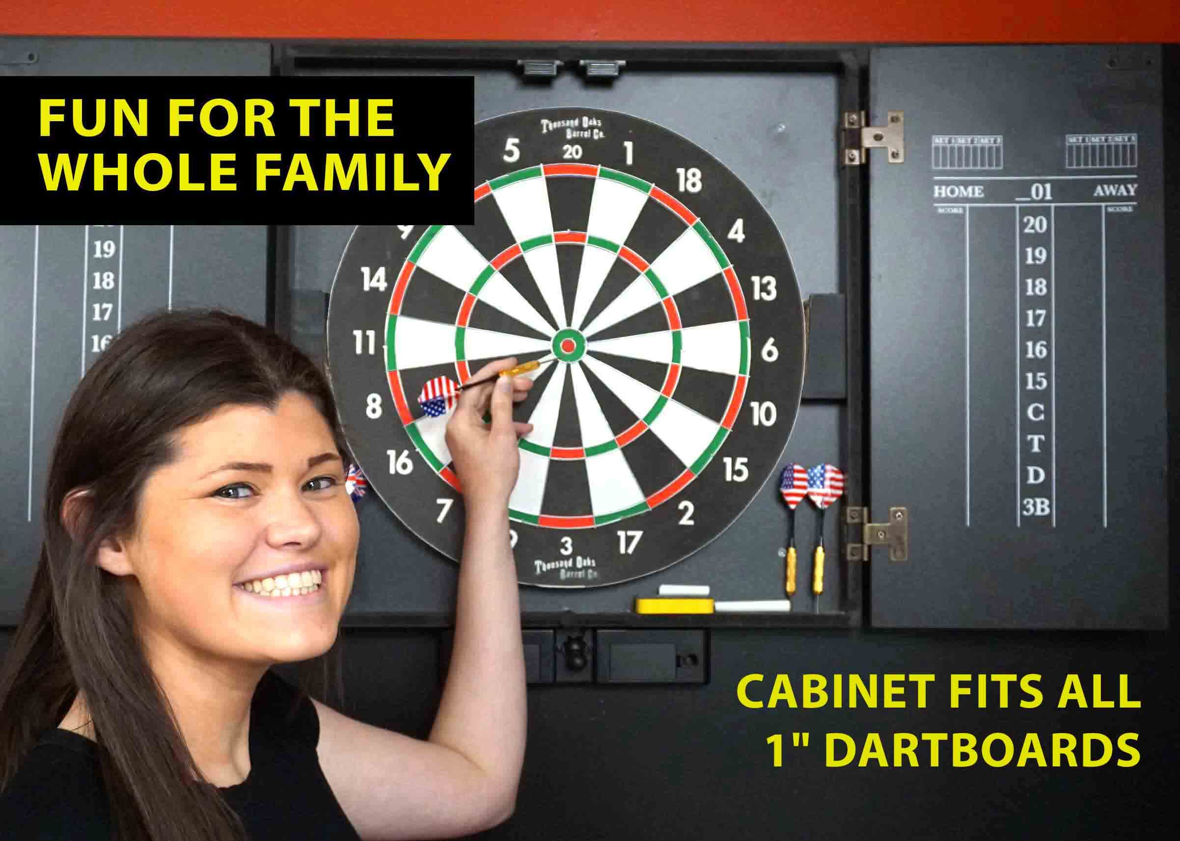 THOUSAND OAKS BARREL CO. Personalized Dartboard Cabinet Set with 6 Steel Tip Darts - Professional Regulation Size Dart Board for Adults - Includes Eraser & Chalk Scoreboard - Perfect for Game Rooms, Bars, and Man Caves
