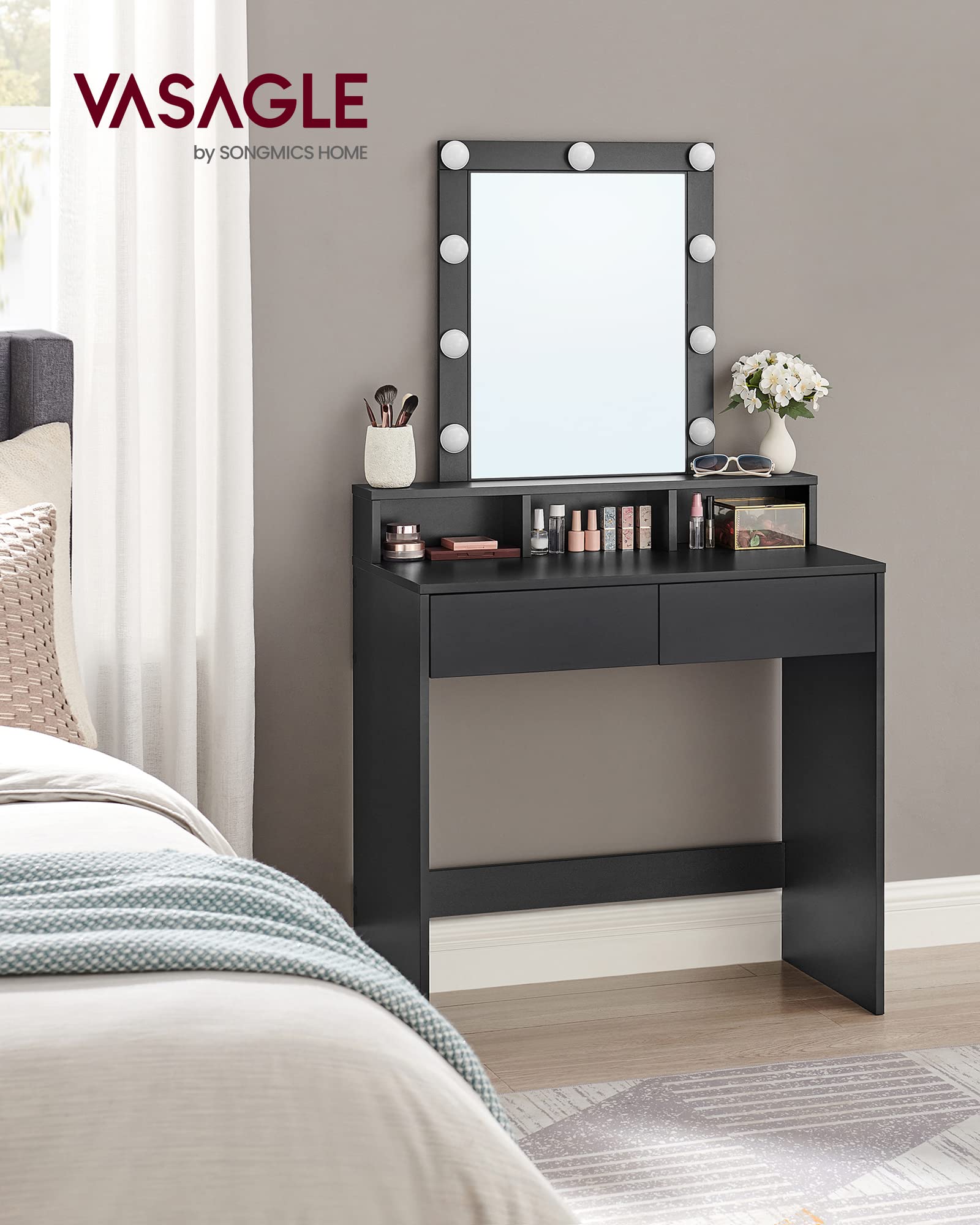 VASAGLE Adjustable LED Light Vanity Makeup Table with Mirror, 2 Drawers & 3 Storage Compartments - Modern Black Dressing Table for Bedroom RDT114T16 | Perfect for Makeup Application, Skincare Routine & Home Decor