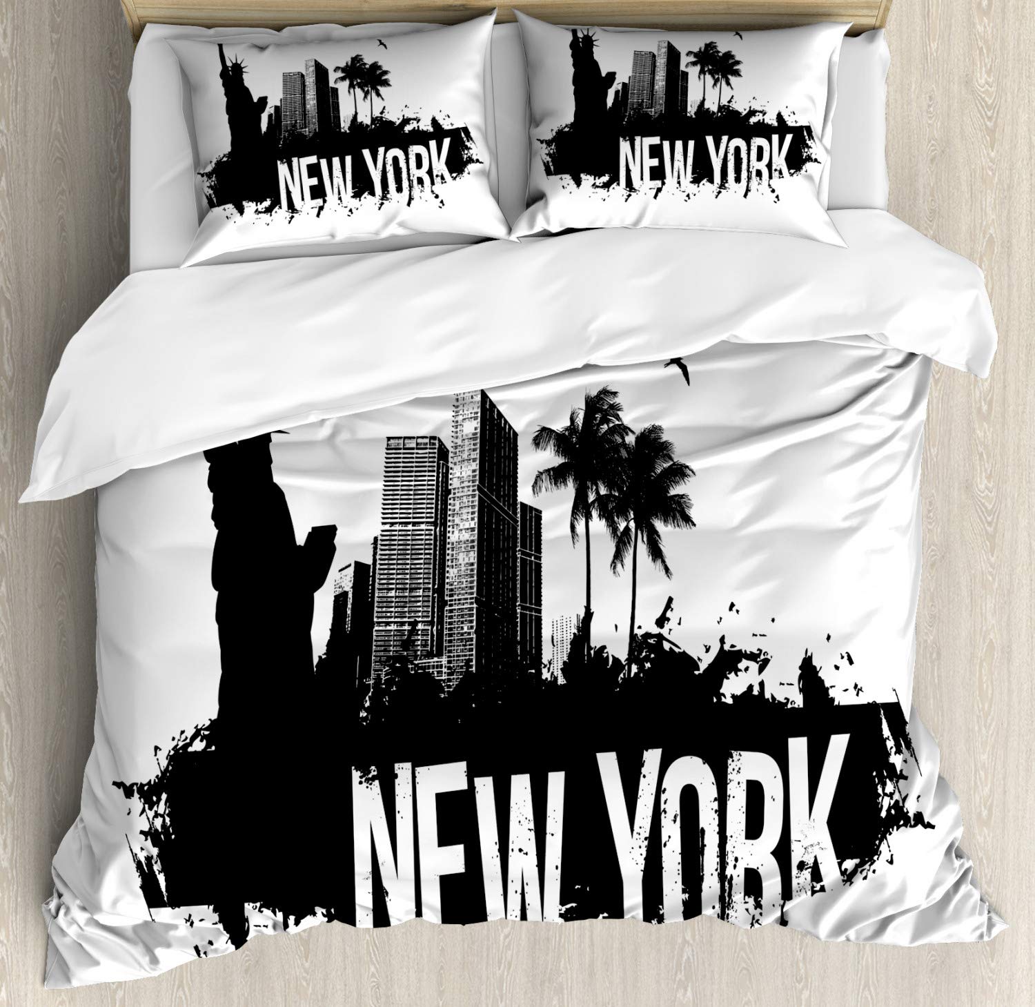 Ambesonne NYC Scene Duvet Cover Set - New York Skyline Calligraphy Design, 3-Piece King Size Bedding with 2 Pillow Shams in Charcoal Grey & White | Perfect for Modern Bedroom Decor, Guest Rooms & Urban Theme Interior Design