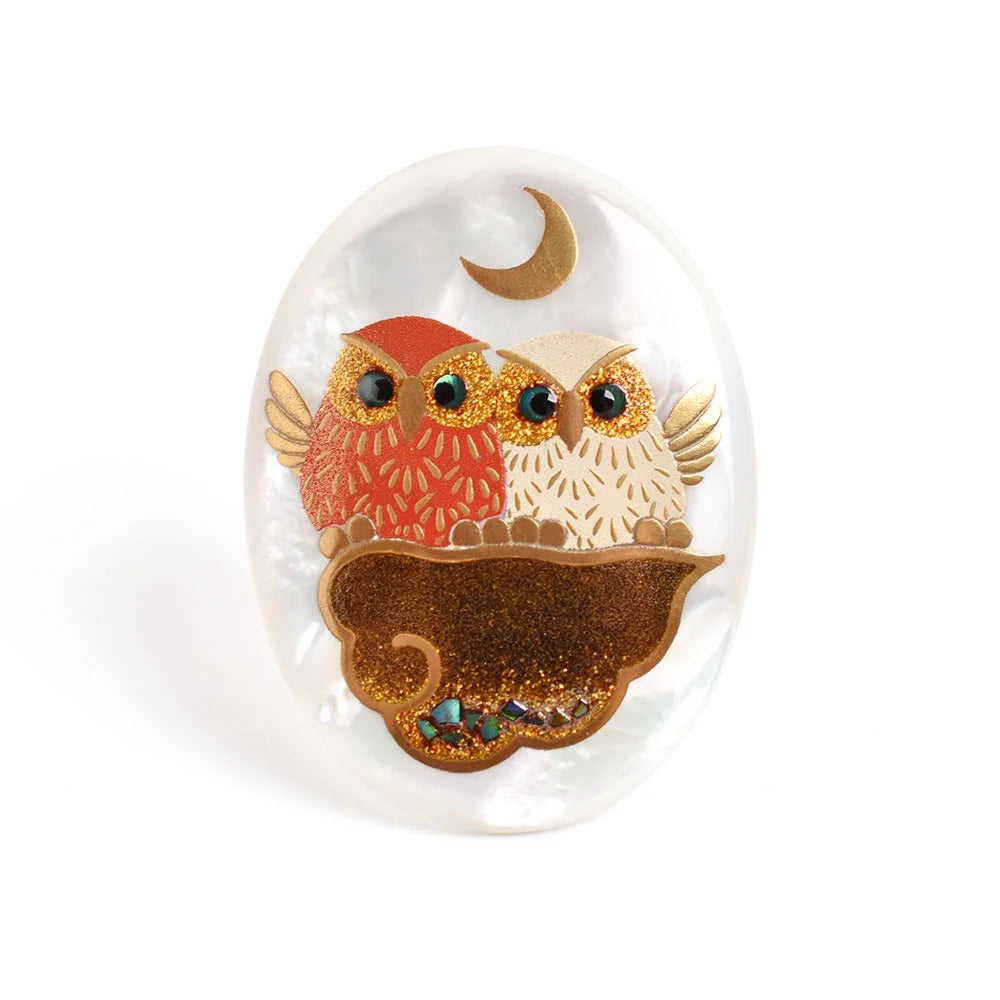 Handcrafted Japanese Maki-e Urushi Lacquer Brooch with White South Sea Pearl Shell Owl Design - Traditional Asian Art Jewelry for Women, Gift for Collectors, Perfect for Formal Occasions & Cultural Events