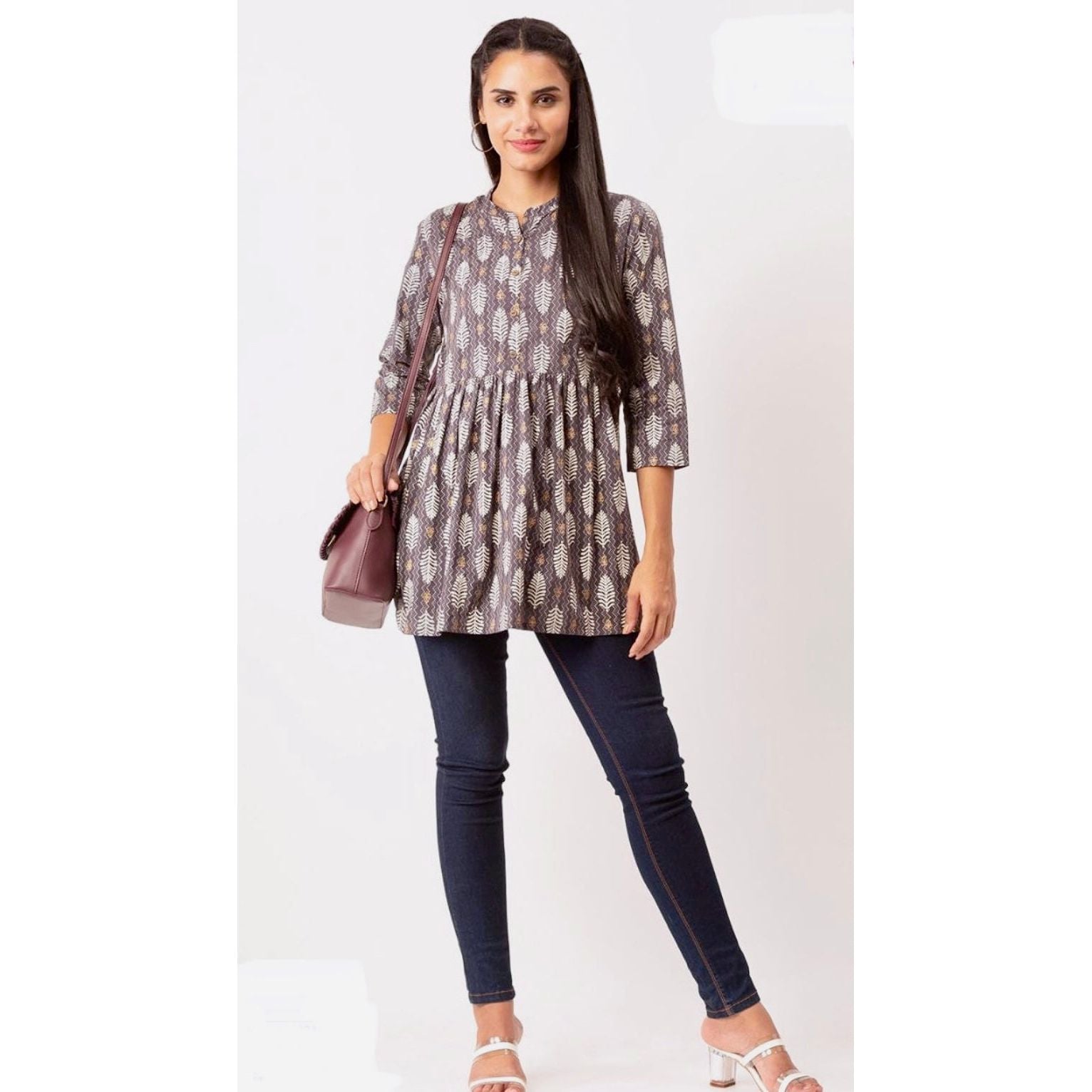Stylish Grey and White Short Kurti for Women - Comfortable Cotton Summer Tunic Top - Perfect for Casual Wear, Parties & Festivals