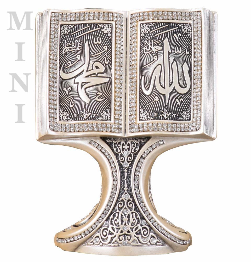 Islamic Table Decor - Quran Open Book with Allah & Muhammad - Mother of Pearl 182 2F Mini - Perfect for Home Altar, Ramadan Decorations & Muslim Gift Ideas