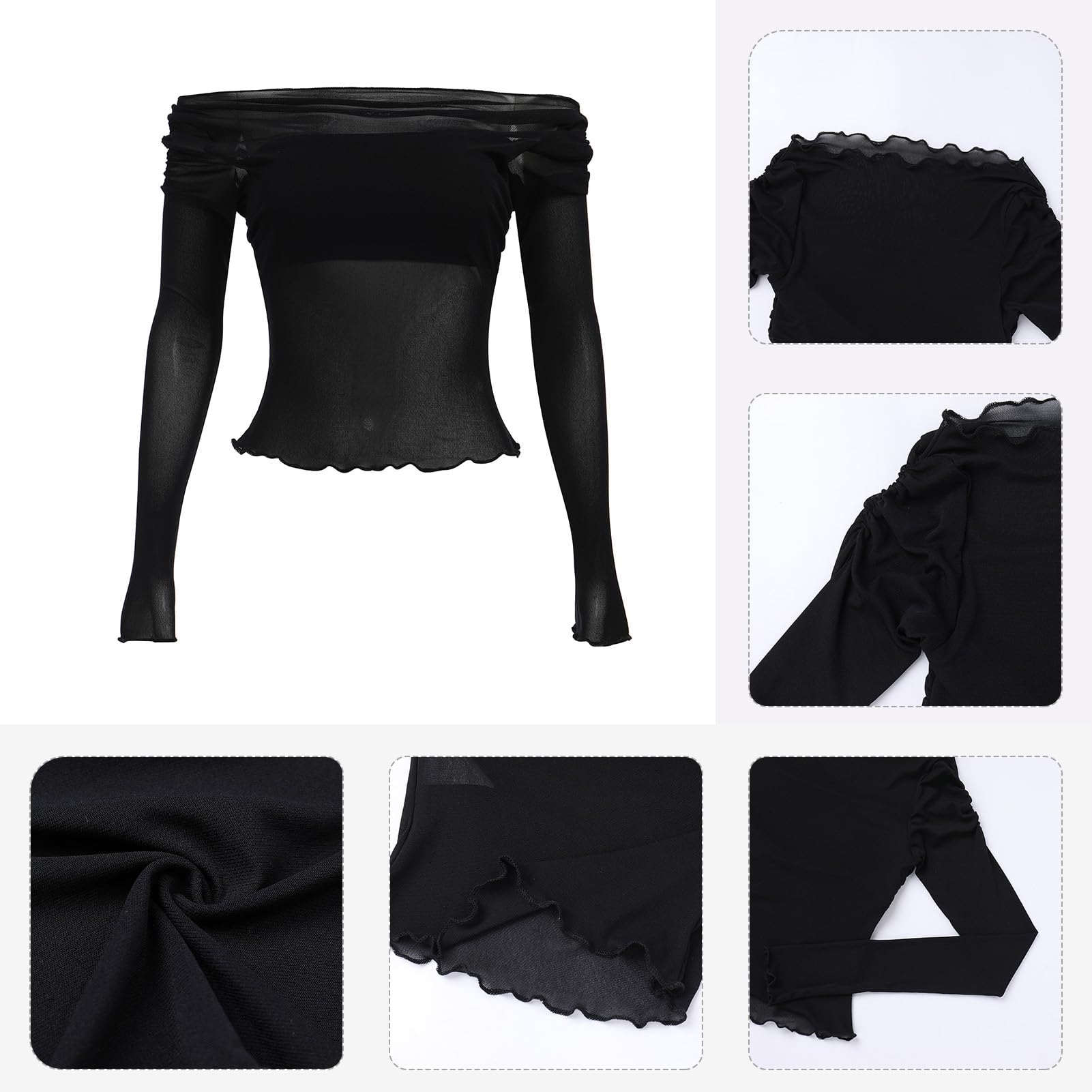 ABAFIP Women's Sheer Crop Top - Ruched Ruffle Off Shoulder Mesh Long Sleeve Blouse for Rave, Party & Night Out | Sexy Clubwear & Festival Fashion