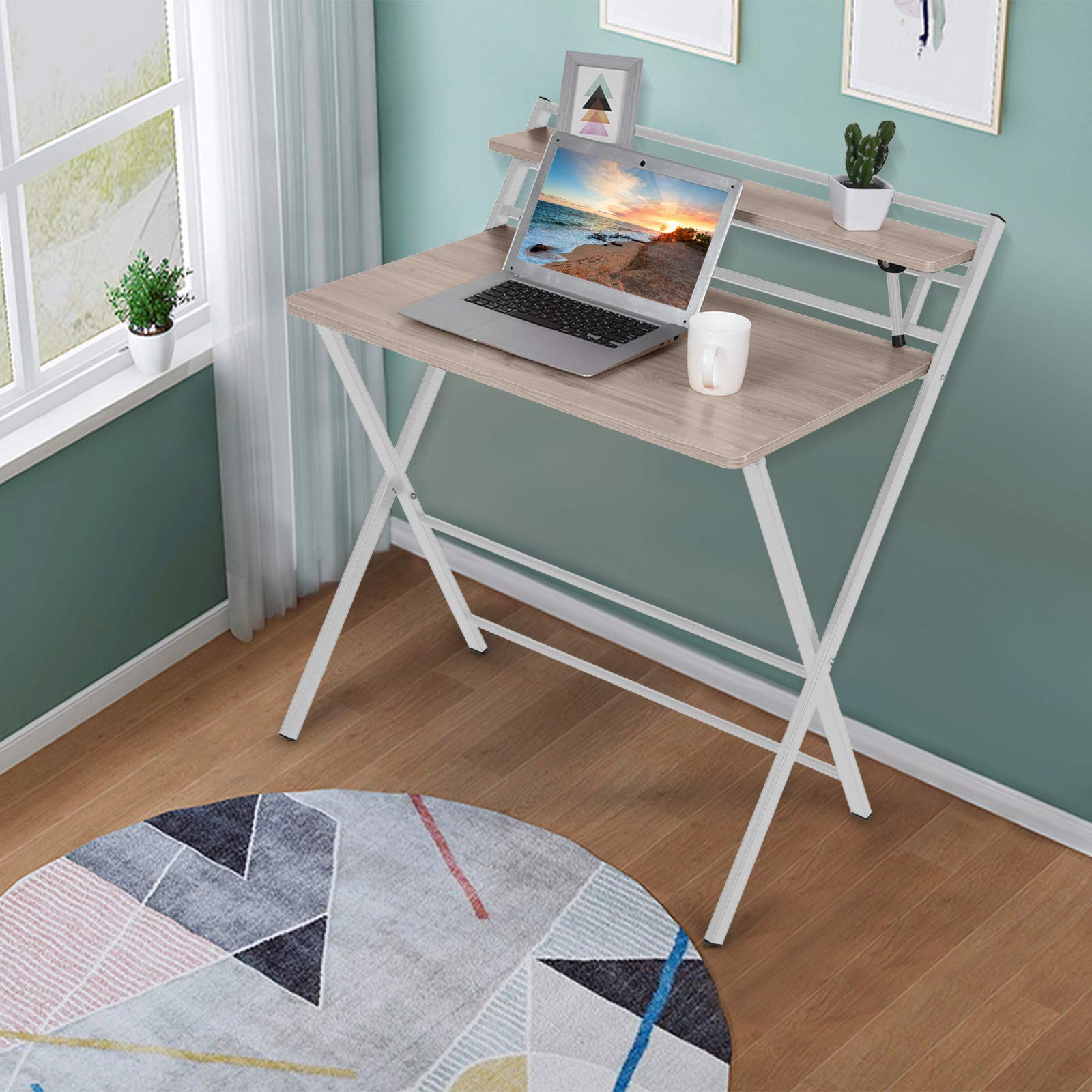 2-Tier Folding Computer Desk with Shelf - Space Saving Home Office Desk for Small Spaces, Portable Laptop Table for Dorm, Bedroom & Apartment | Study, Work & Gaming Use