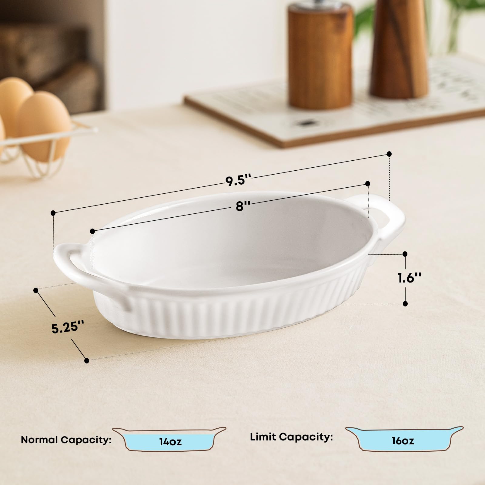 Frewinky 9-inch Ceramic Au Gratin Baking Dishes Set of 4 - Heat Resistant Porcelain Oval Casserole Dishes with Handles for Oven, Gratin, Roasting & Baking - Perfect for Family Dinners, Holiday Meals & Entertaining Guests