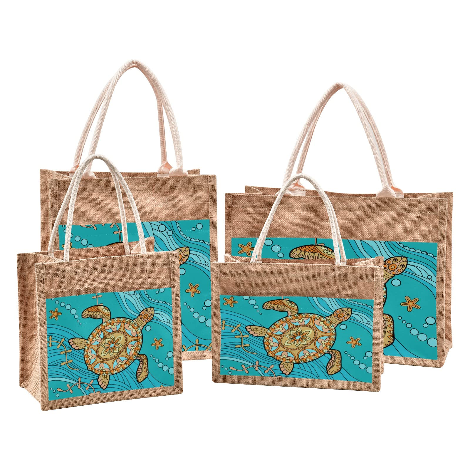 CaTaKu Large Sea Turtle Paisley Jute Tote Bag with Zipper & Handles - 17x13 Inch Eco-Friendly Grocery Shopping Bag with Front Canvas Pocket - Stylish Reusable Gift Bag for Women - Perfect for Beach, Market & Daily Use
