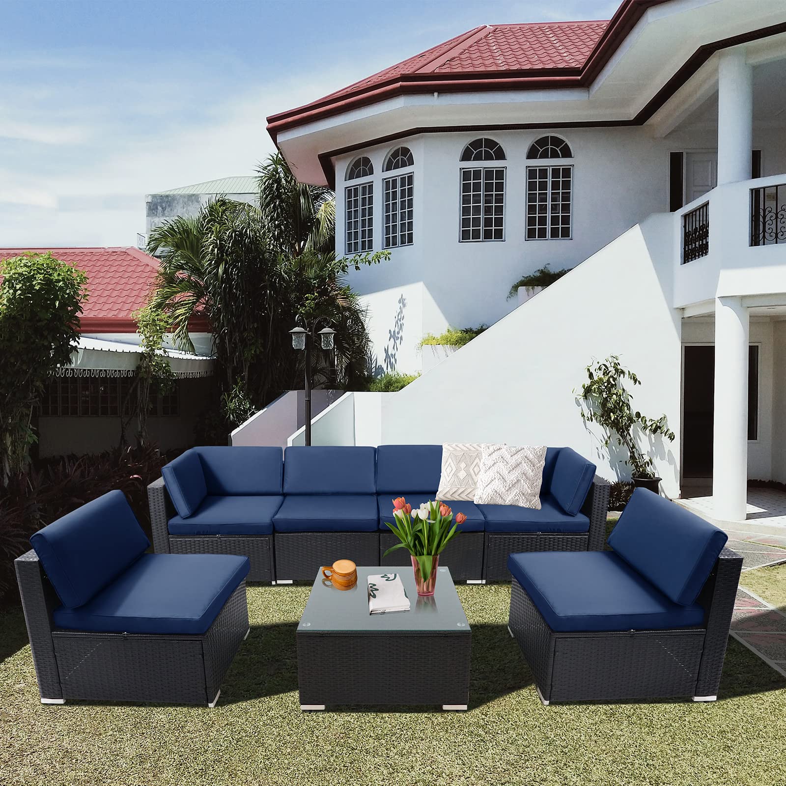 7-Piece Outdoor Patio Furniture Set - Black/Brown Wicker Sectional Sofa with Dark Blue Cushions & Tempered Glass Table - Perfect for Backyard, Garden, Poolside & Patio Relaxation
