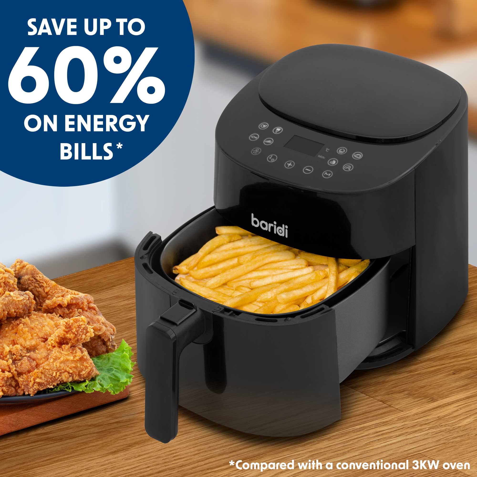 Baridi 3.5L Low Fat Air Fryer with Digital Rapid Air Oil-Free Circulation, 1300W, 8 Presets - Healthy Cooking for Family Meals, Snacks & Quick Dinners (Model DH60)