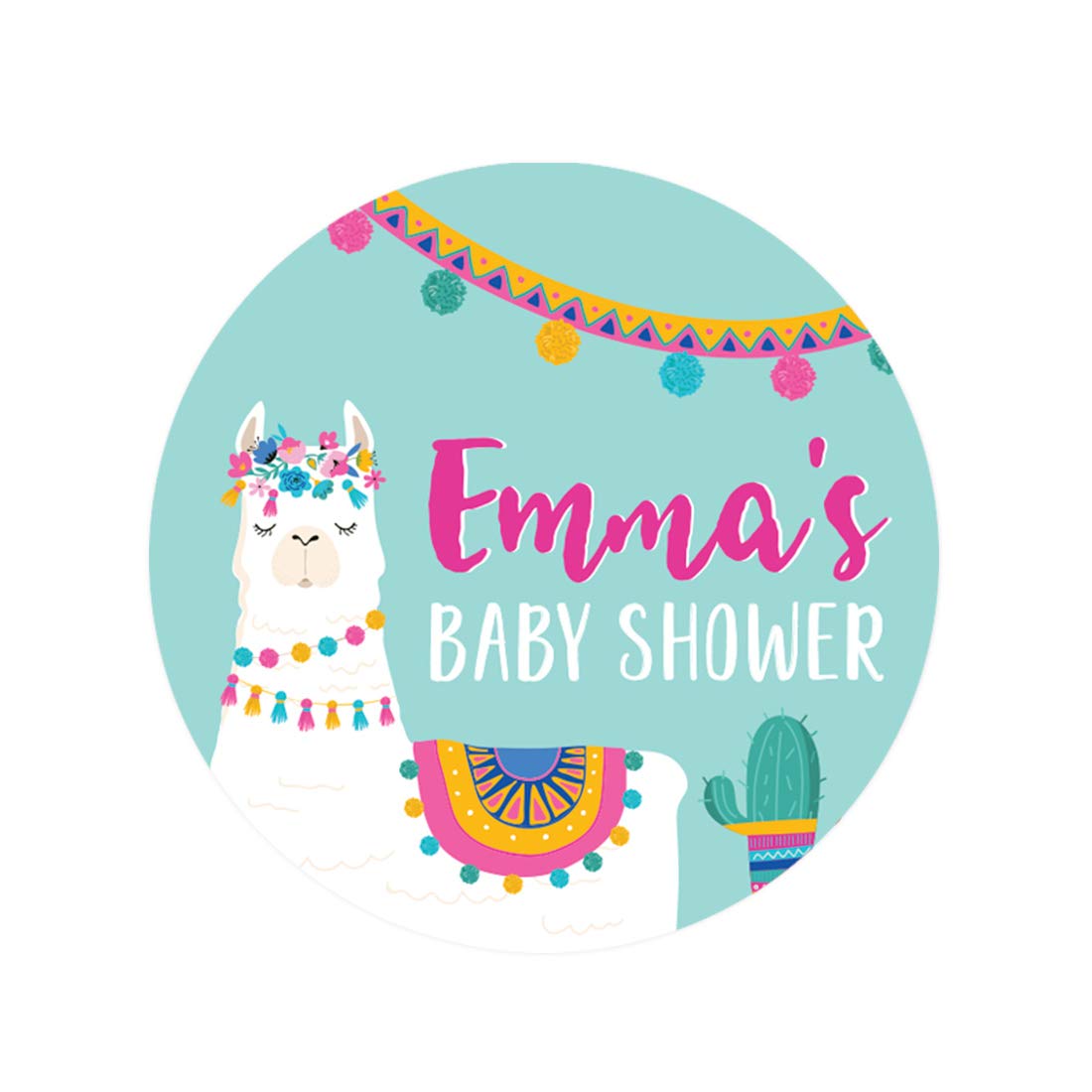 Personalized Llama and Cactus Baby Shower Stickers - 40-Pack Round Circle Labels for Emma's Baby Shower - Custom Llama Alpaca Bohemian Theme Party Decor - Perfect for Baby Shower Invitations, Favor Tags & Nursery Decorations