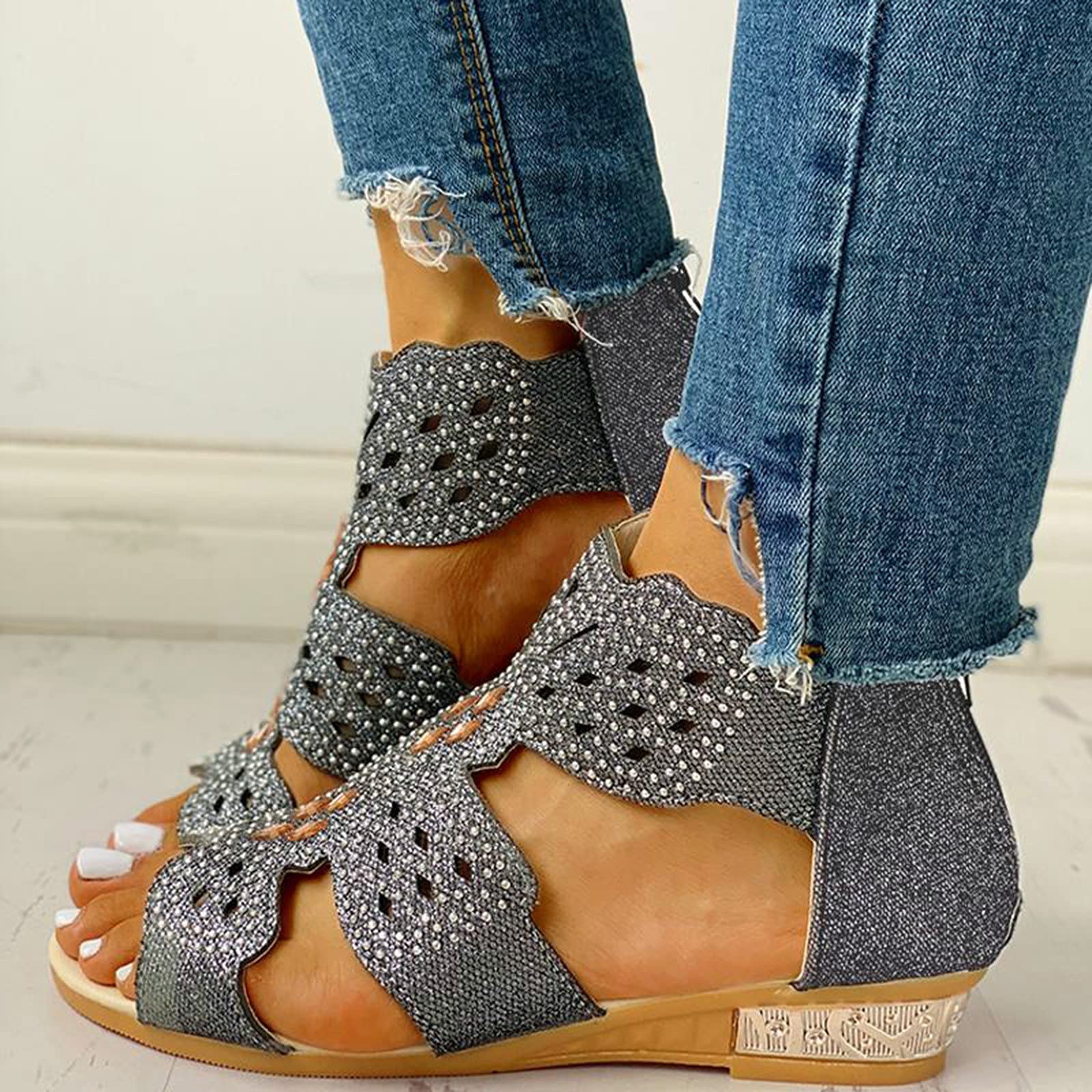 COOKI Women's Summer Sandals - Casual Roman Zipper Hollow Out Wedge Flat Sandals for Women | Comfortable Beach Walking, Vacation Outfits & Daily Wear