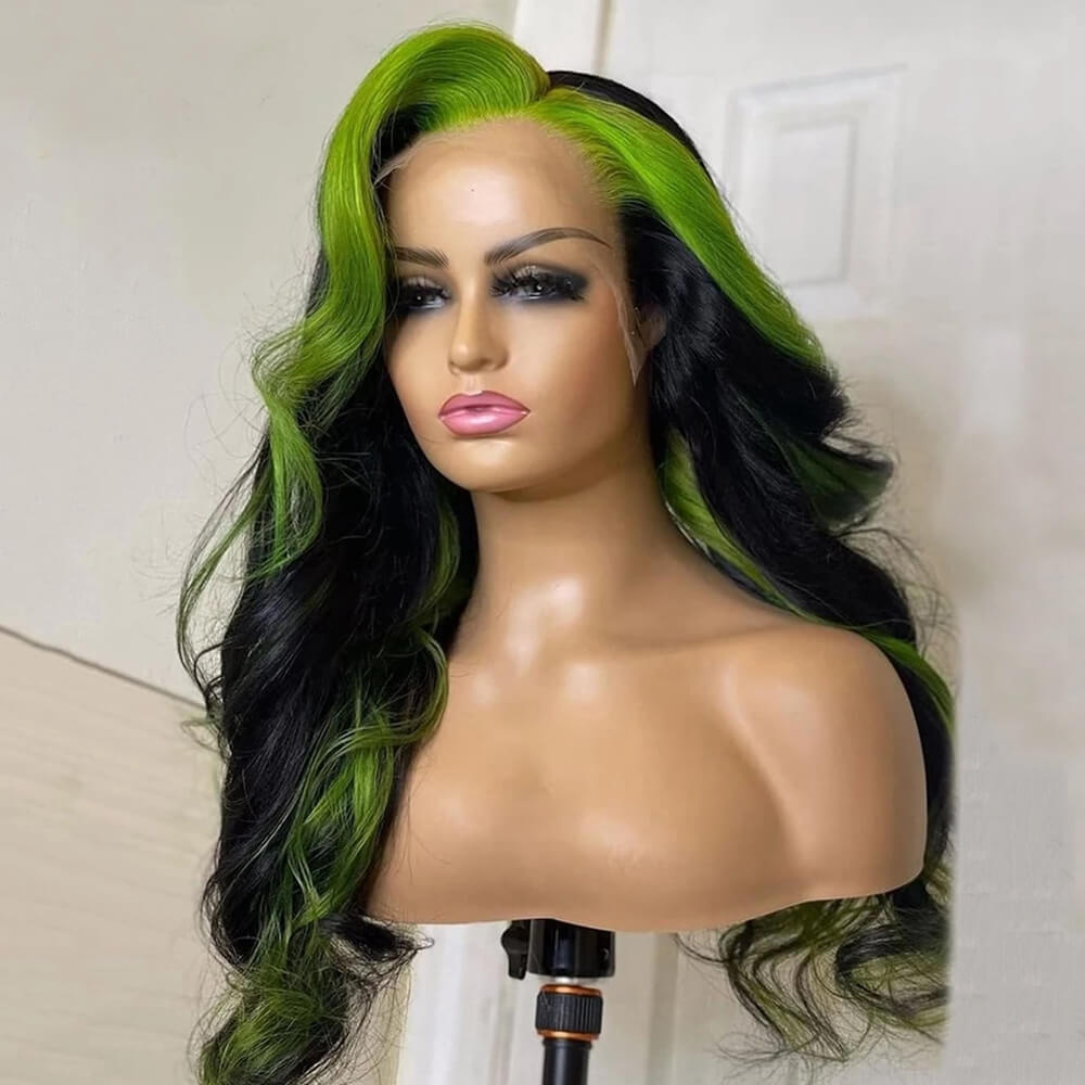 Eullair Highlight Body Wave Lace Frontal Human Hair Wig - Natural Inner Green Orange Color | Perfect for Cosplay, Daily Wear & Special Occasions