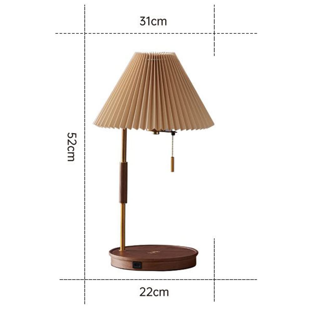 Wireless Charging Desk Lamp with Pleated Fabric Shade - Solid Wood Night Light for Bedroom, Office & Study | USB-C Fast Charging, Adjustable Brightness, Modern Home Decor Lighting