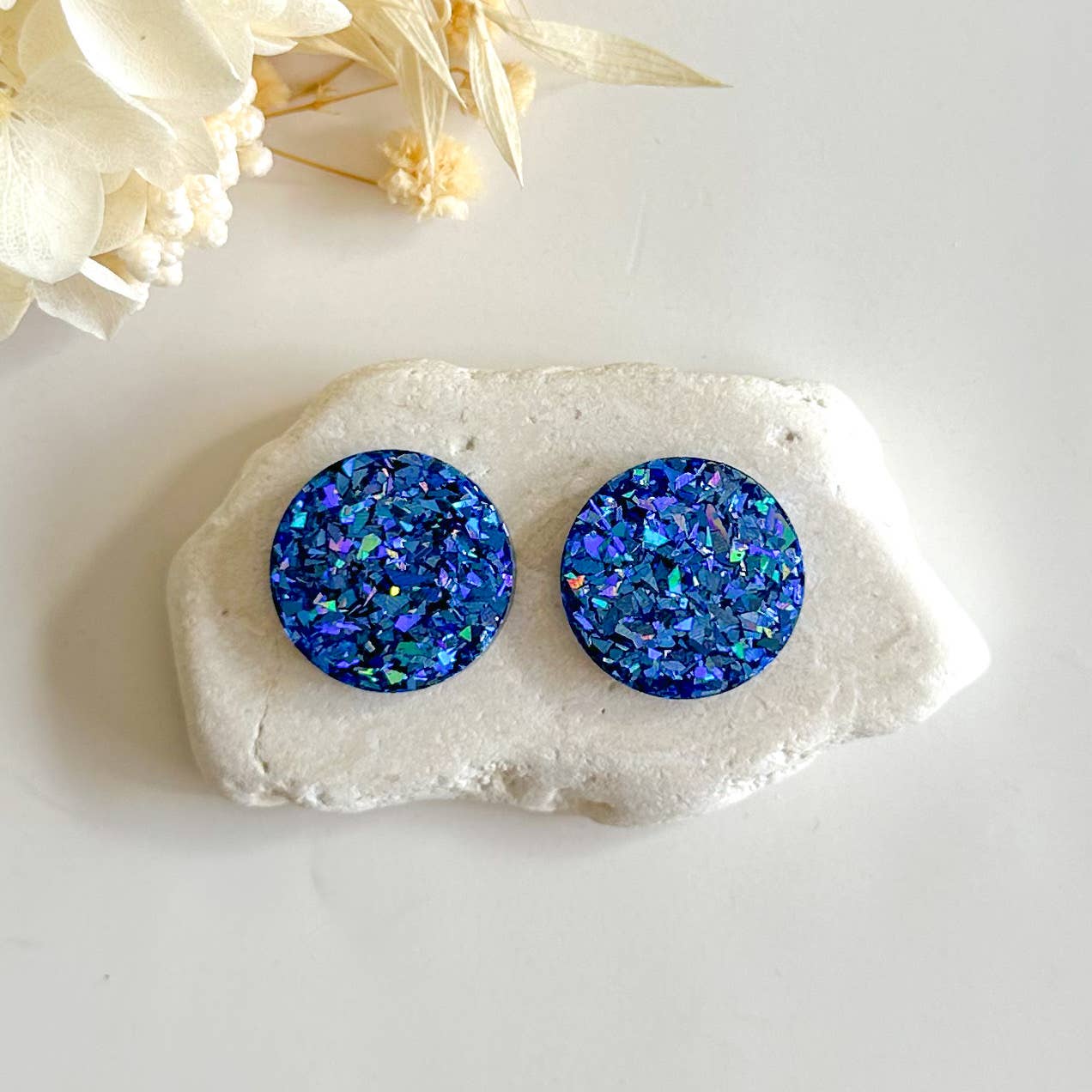 Resin Stud Earrings with Glitter - Sea Blue Medium Size | Perfect for Casual Wear, Parties & Gifts