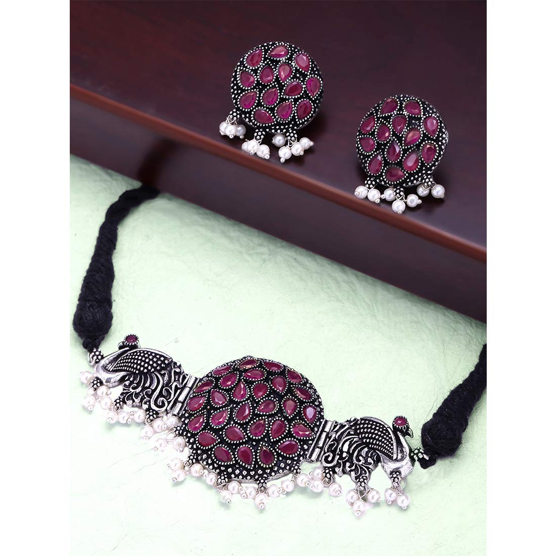 Oxidized Silver Peacock Choker Necklace Set with Yellow Chimes | Traditional Indian Jewelry for Women | Perfect Birthday & Anniversary Gift for Wife, Girlfriend | Ideal for Weddings, Parties & Festive Occasions