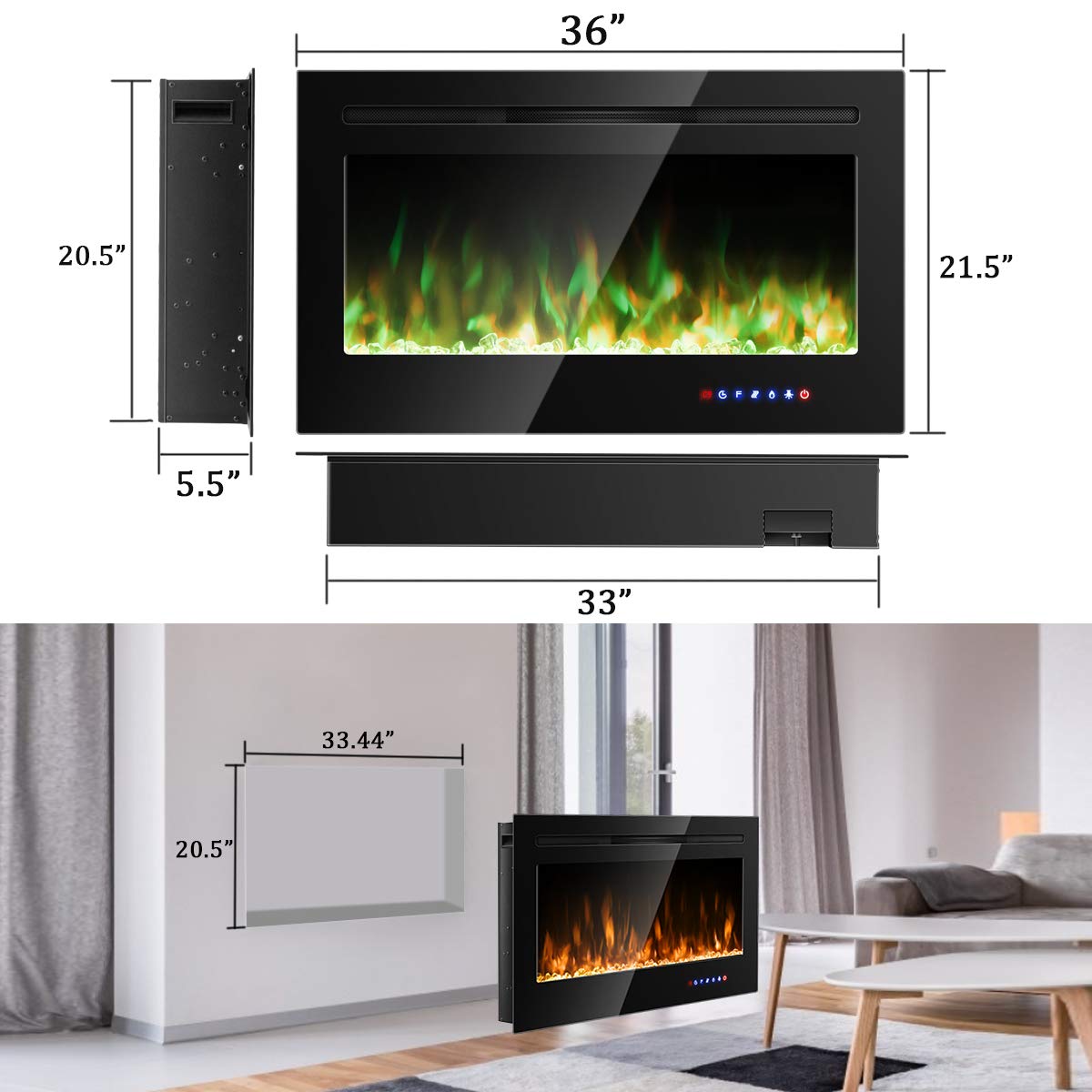 COSTWAY 36-Inch Electric Fireplace Insert - 750W/1500W Recessed Wall Mount Fireplace with Remote Control, 9 Flame Colors & 5 Brightness Settings, 8-Hour Timer - Indoor Fireplace Heater for Living Room, Bedroom & Office