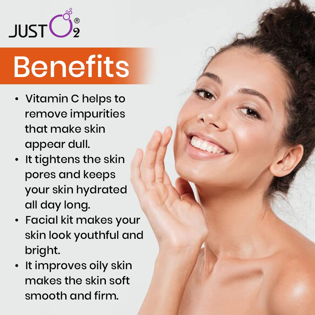 Beauty Relay London Just O2 Vitamin C Facial Kit - Anti Scar, Skin Tightening, Anti Wrinkle & Pigmentation Treatment | DIY Self Care Travel-Friendly Set with Peel-Off Rubber Mask for Glowing Skin at Home or On-The-Go