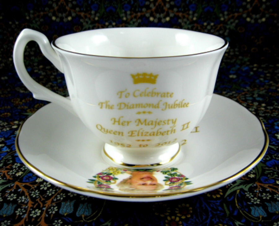 Queen Elizabeth II Diamond Jubilee Commemorative Cup and Saucer Set - English Bone China 2012 Limited Edition - Perfect for Royal Collectors, Tea Parties & British Memorabilia Displays