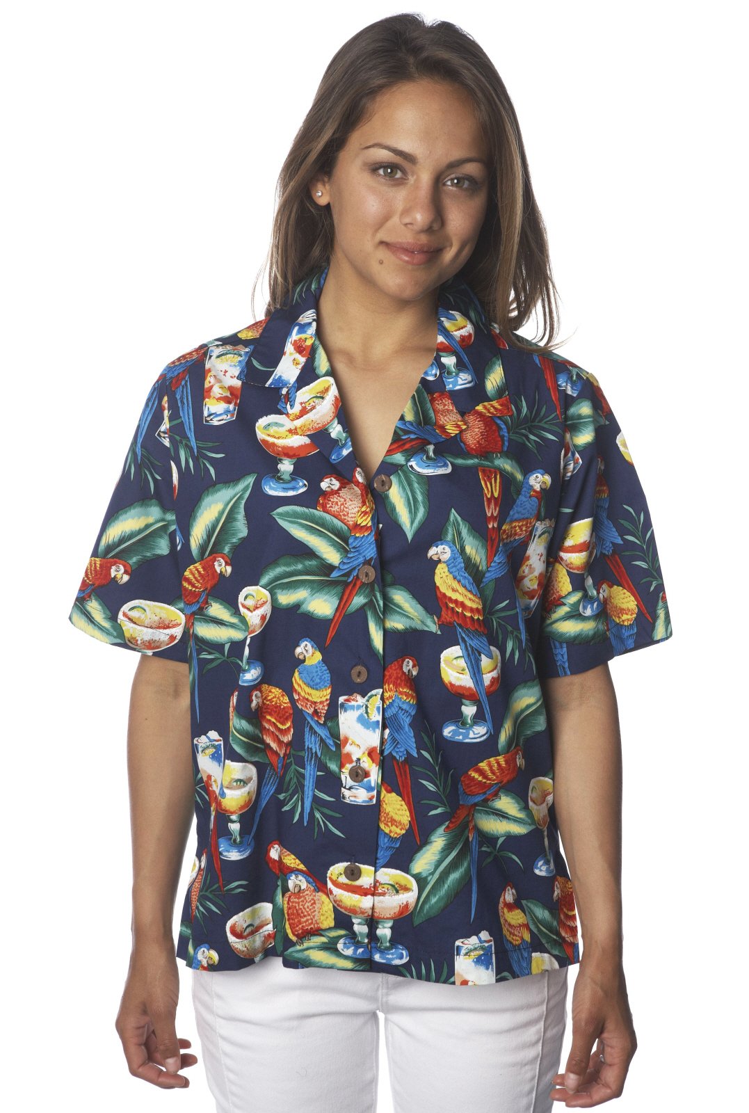 Benny's Women's Parrots & Margaritas Hawaiian Shirt | Tropical Floral Print Short Sleeve Button-Up Blouse | Perfect for Beach Vacation, Summer Party & Luau Outfits