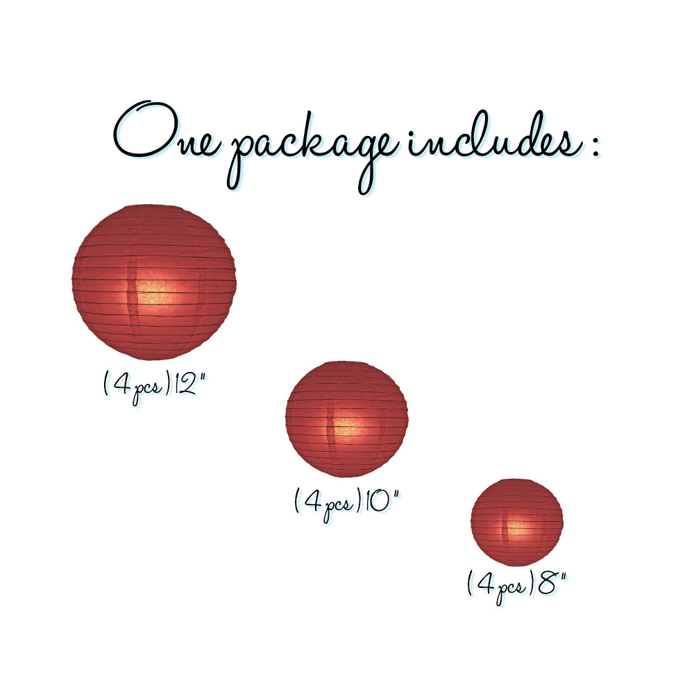 12-Piece Marsala Burgundy Wine Paper Lantern Set - Chinese Hanging Wedding & Party Decorations (12/10/8 Inch) - Perfect for Wedding Decor, Birthday Parties, and Asian-Themed Events