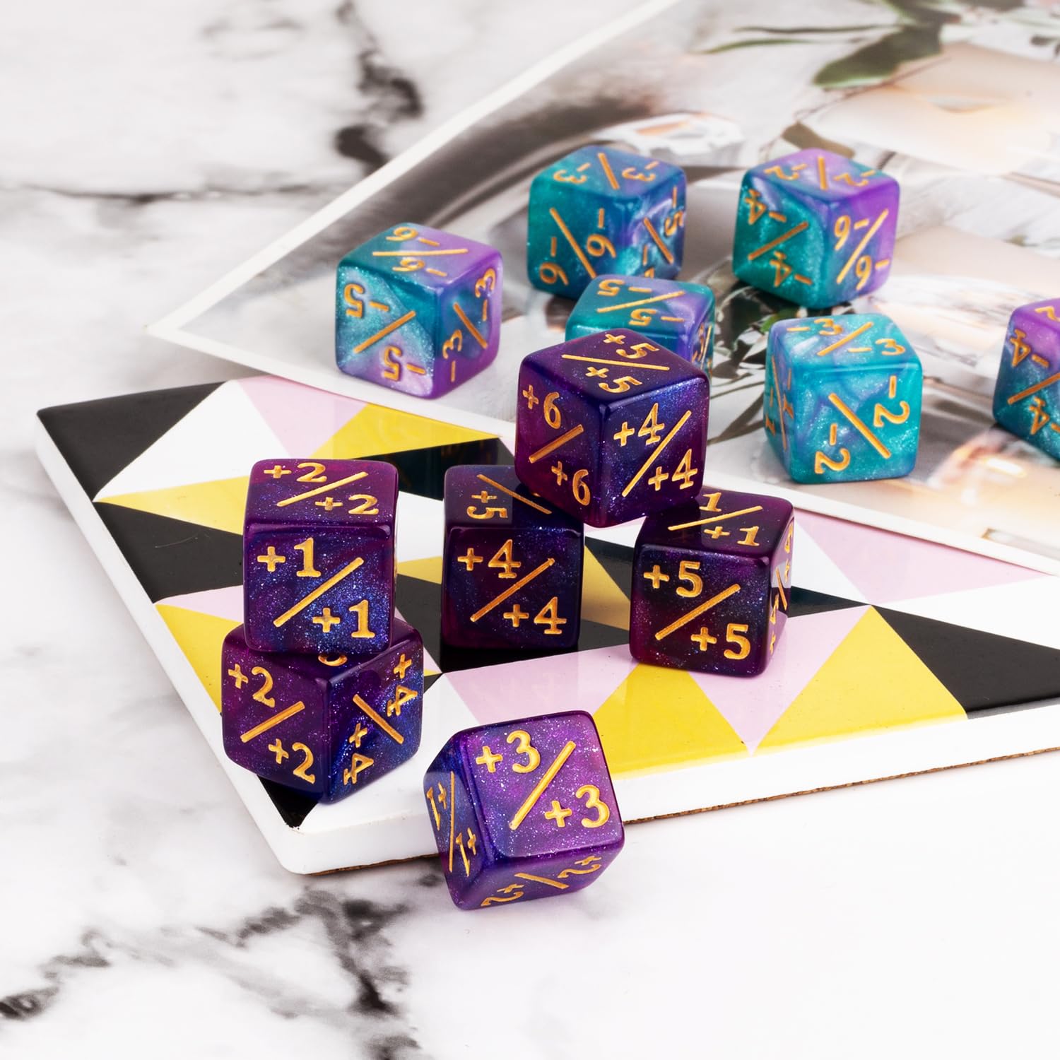24-Piece MTG Dice Counters Set - Magic The Gathering Status Tokens & Starry Sky D6 Dice for Card Games (Turquoise/Lilac, Navy/Purple) - Perfect for Game Nights, RPG Sessions & Collectible Card Game Accessories