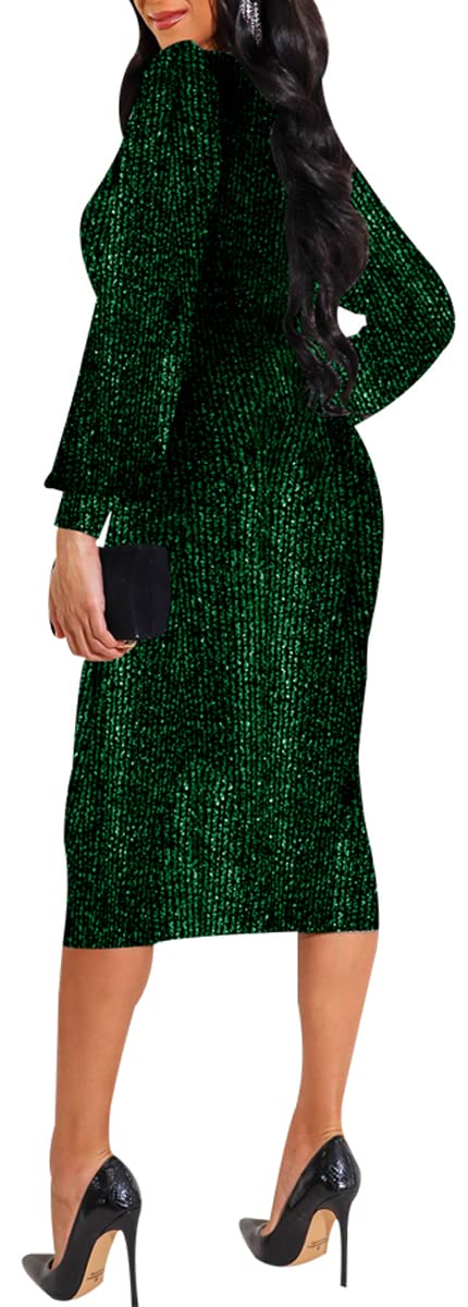Sexy Sparkly Long Sleeve Bodycon Dress for Women - Deep V Neck Elegant Club Midi Dress for Party, Night Out & Special Occasions