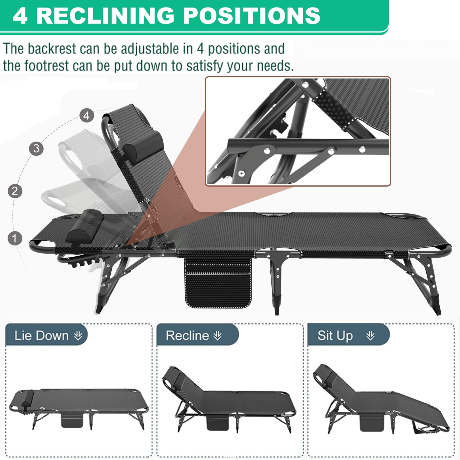 LILYPELLE Adjustable 4-Position Camping Cot - Heavy Duty 500lbs Capacity Foldable Chaise Lounge with Pillow - Portable Outdoor Furniture for Adults - Perfect for Camping, Backyard, Beach, Poolside & Patio Relaxation
