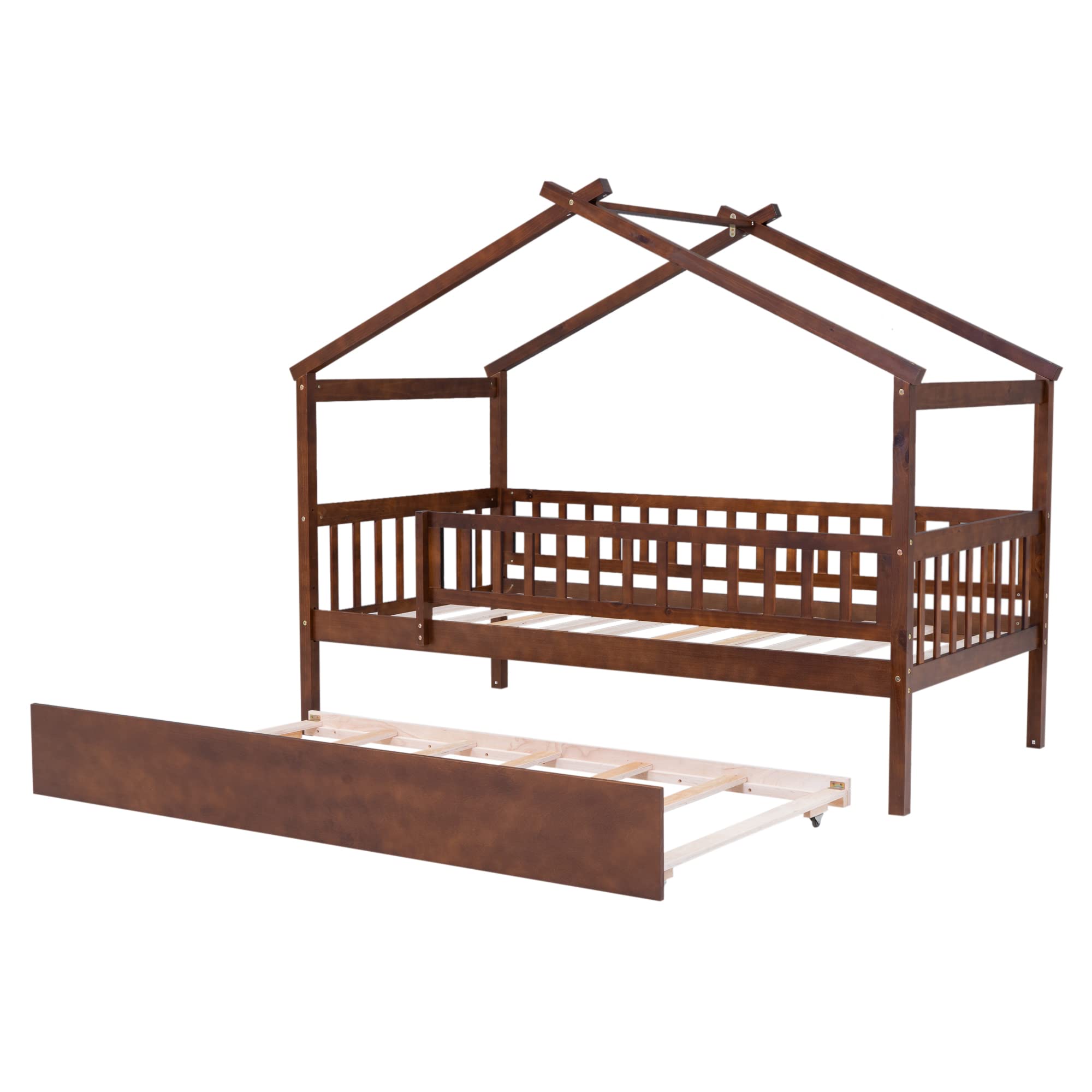 Montessori Twin Size House Bed with Trundle & Safety Railings - Wooden Playhouse Bed Frame for Kids, Girls & Boys (Walnut Finish) - Perfect for Bedrooms, Playrooms & Montessori Learning Spaces