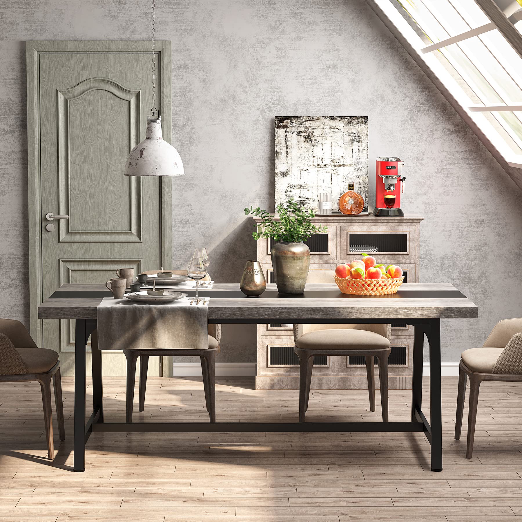 Tribesigns 70.87-inch Rectangular Dining Table for 8 People - Solid Wood Kitchen Table with Sturdy Metal Frame, Industrial Style Large Dining Room Table for Big Families (Gray, No Chair Included) - Perfect for Family Gatherings, Dinner Parties & Open Concept Living Spaces
