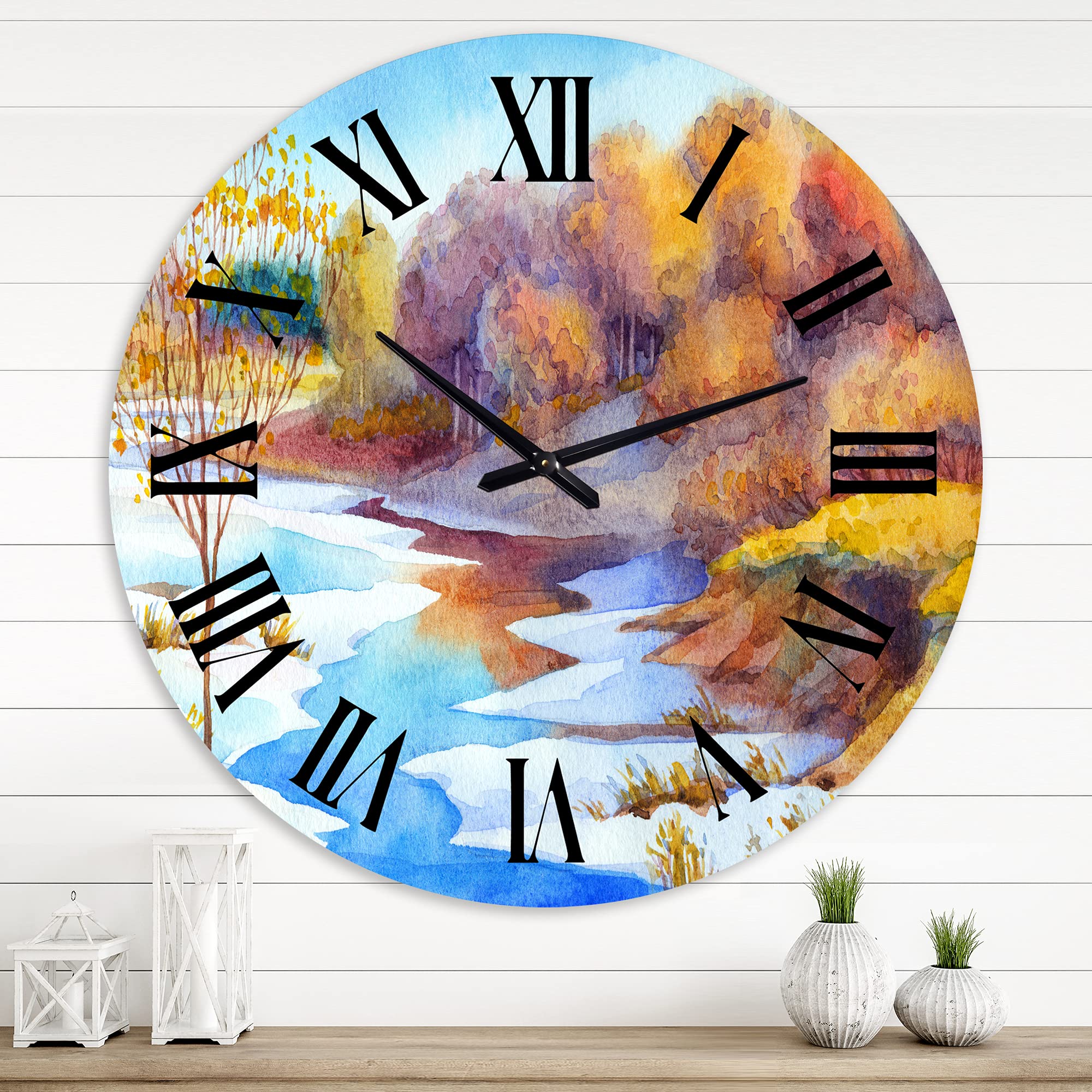 DesignQ Lake House Wall Clock 'Stream in Winter Forest Valley' - Large Landscape & Nature Wall Clock for Living Room, Bedroom, Office Decor - Perfect for Rustic, Farmhouse & Modern Home Interiors