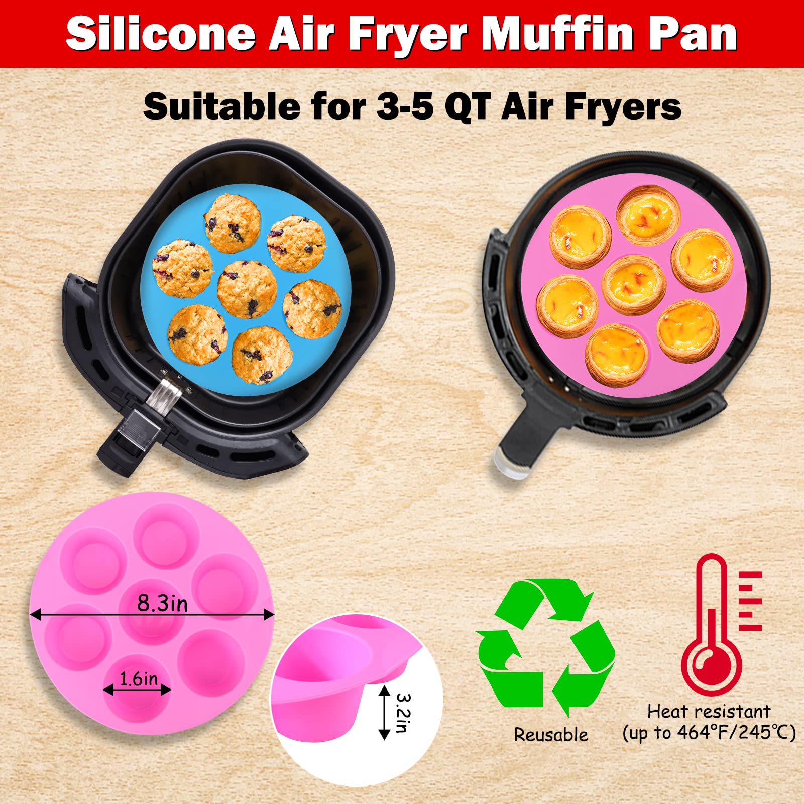 XANGNIER 2-Pack Silicone Muffin Pan for 3QT-5QT Air Fryer | Non-Stick Reusable Cupcake Baking Mold | Perfect for Muffins, Cupcakes & Egg Bites | Air Fryer Accessories for Quick Breakfast & Healthy Snacks