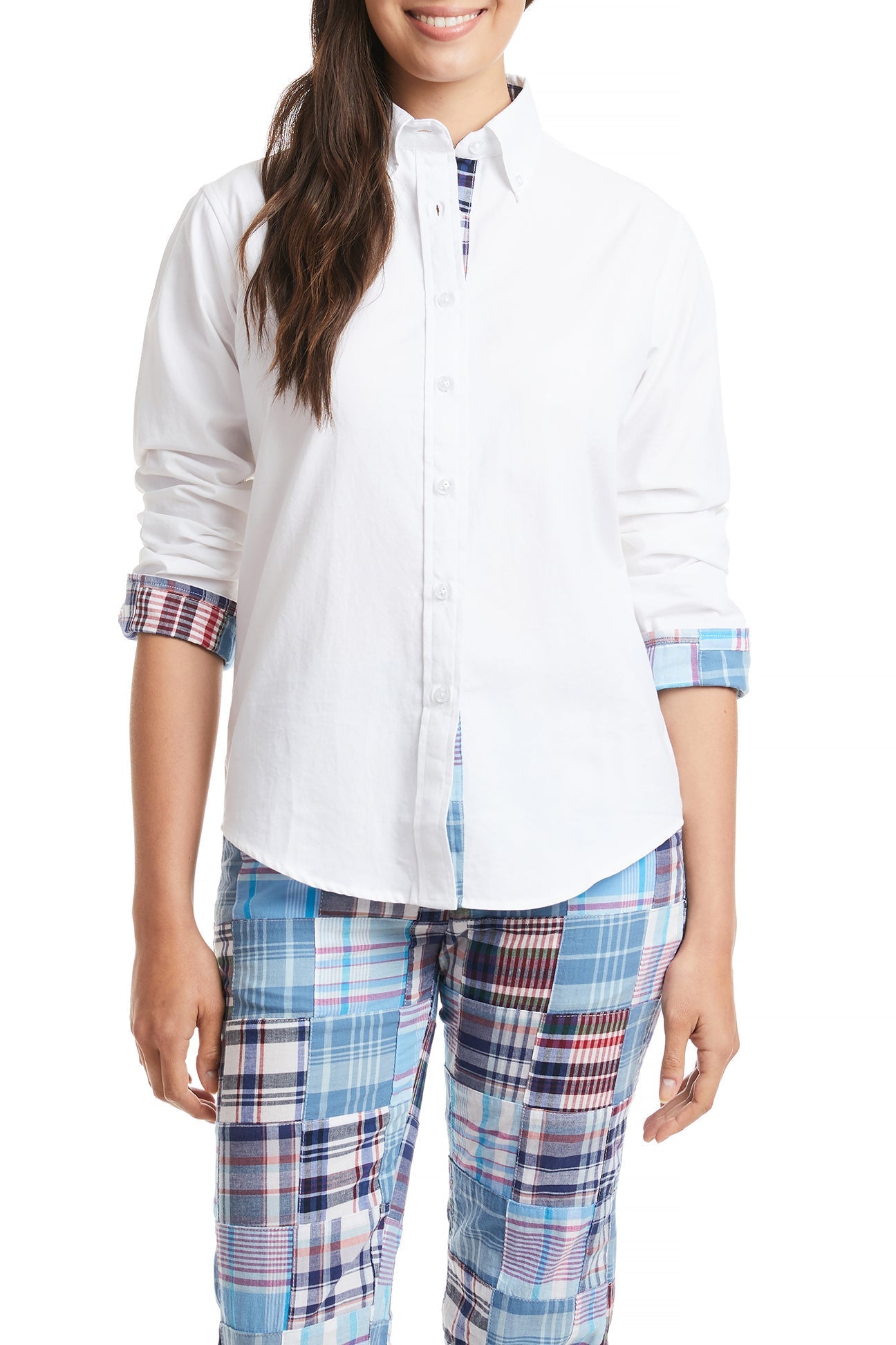Women's White Oxford Button Down Long Sleeve Shirt with Seapoint Patch & Madras Trim - Perfect for Office, Casual Wear & Spring Fashion