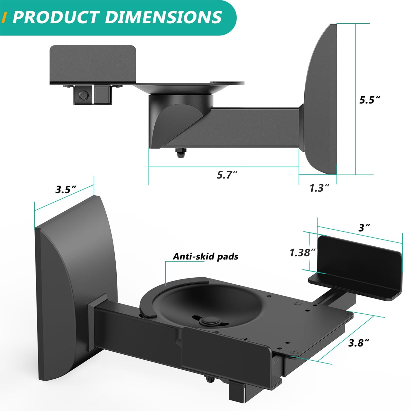 WALI Heavy Duty Speaker Wall Mounts - Dual Side Clamping Bookshelf Brackets for Large Surround Sound Speakers (66 lbs Capacity, Black) - Perfect for Home Theater & Audio System Setup (1 Pair, Model SWM201XL)