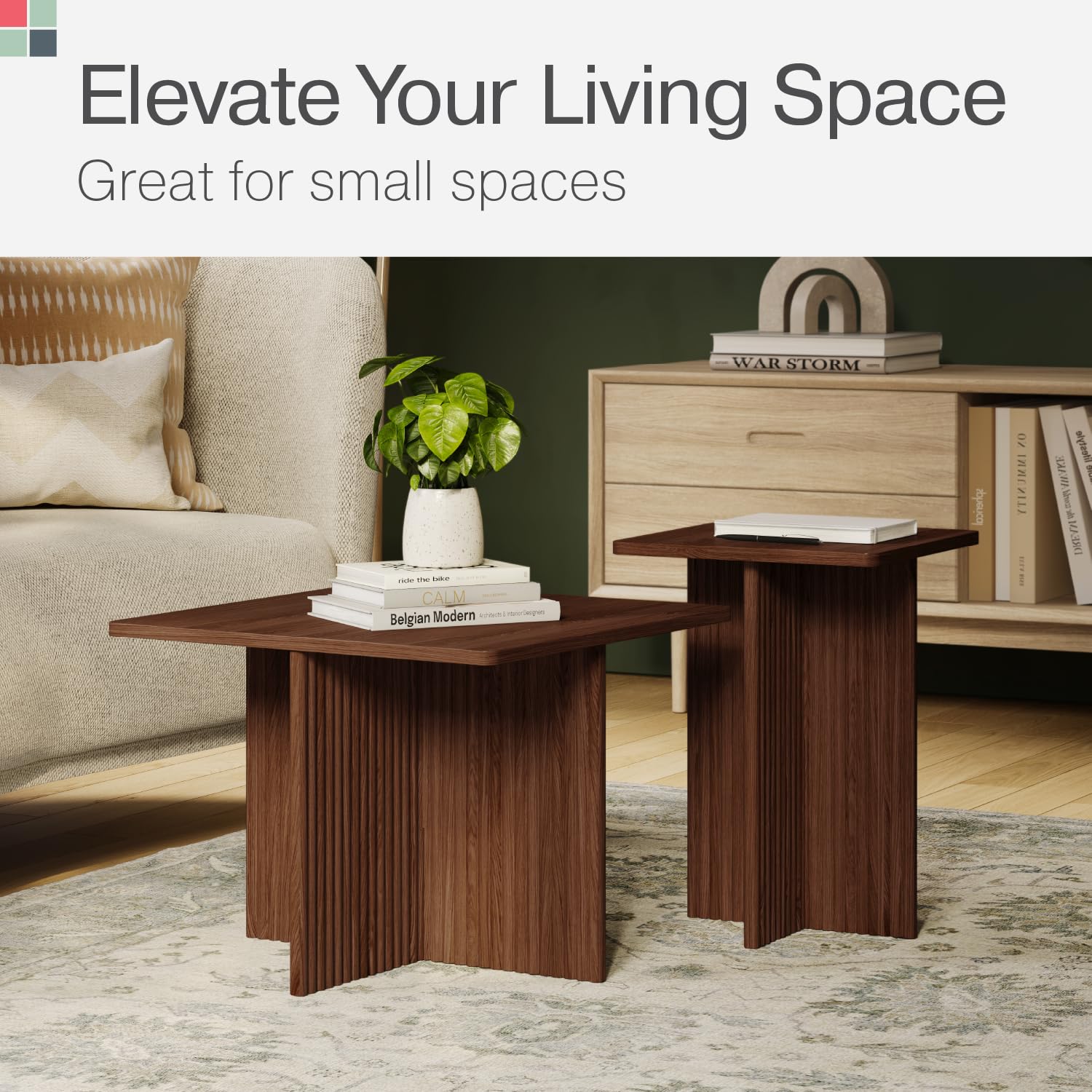 Square Fluted Nesting Coffee Table Set - 2 Piece Low Profile Modern Living Room Furniture with Solid Oak Base (Walnut) - Perfect for Small Spaces, Apartments & Contemporary Home Decor