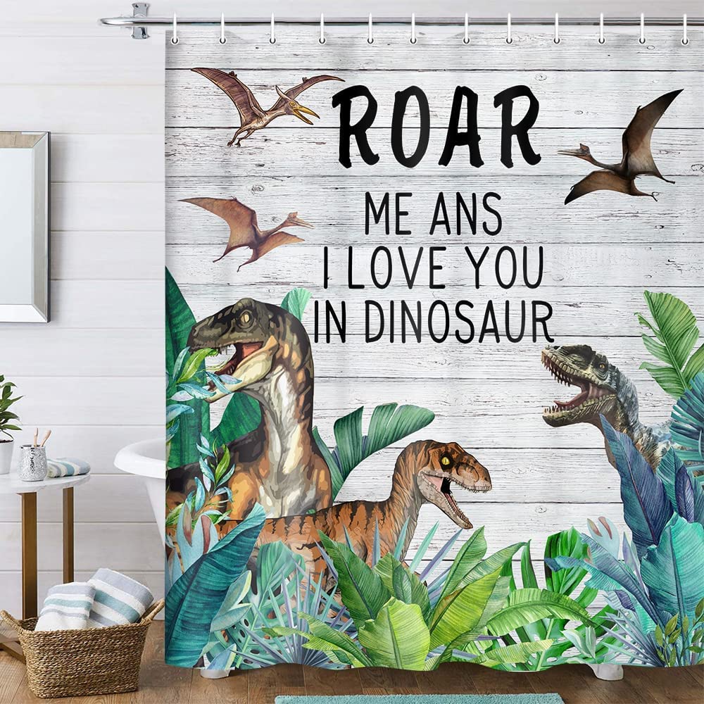 Dinosaur Shower Curtain for Boys & Kids - Jurassic Animal Dino Jungle Forest Fabric Bathroom Decor Set with 12 Hooks (47x64 inches) - Perfect for Kids' Bathroom, Teen Room & Wildlife Themed Decor